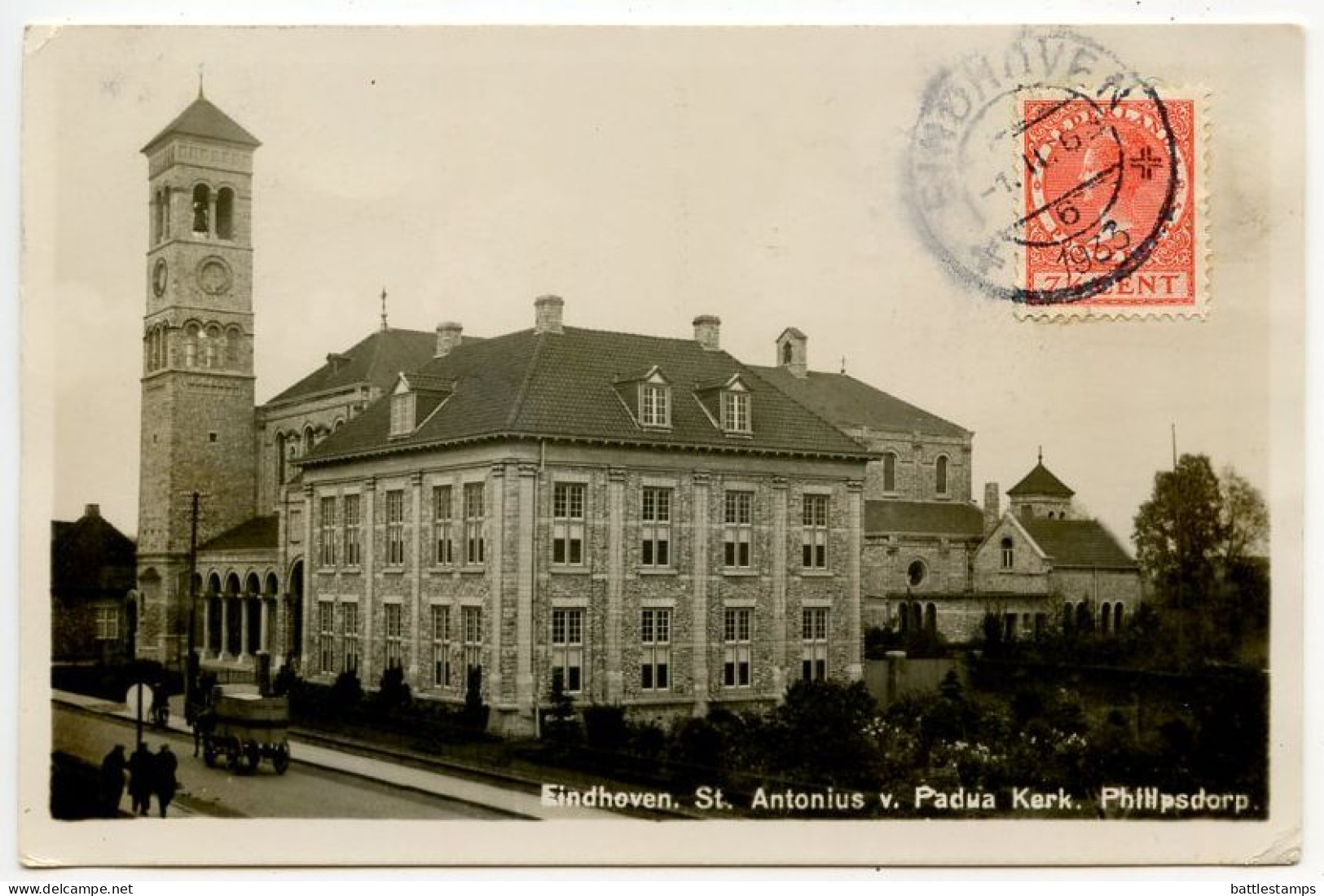 Netherlands 1933 RPPC Postcard - Eindhoven, St. Antonius V. Padwa Kerk. Philipsdorp; 7 1/2c. Queen Wilhelmina Stamp - Eindhoven