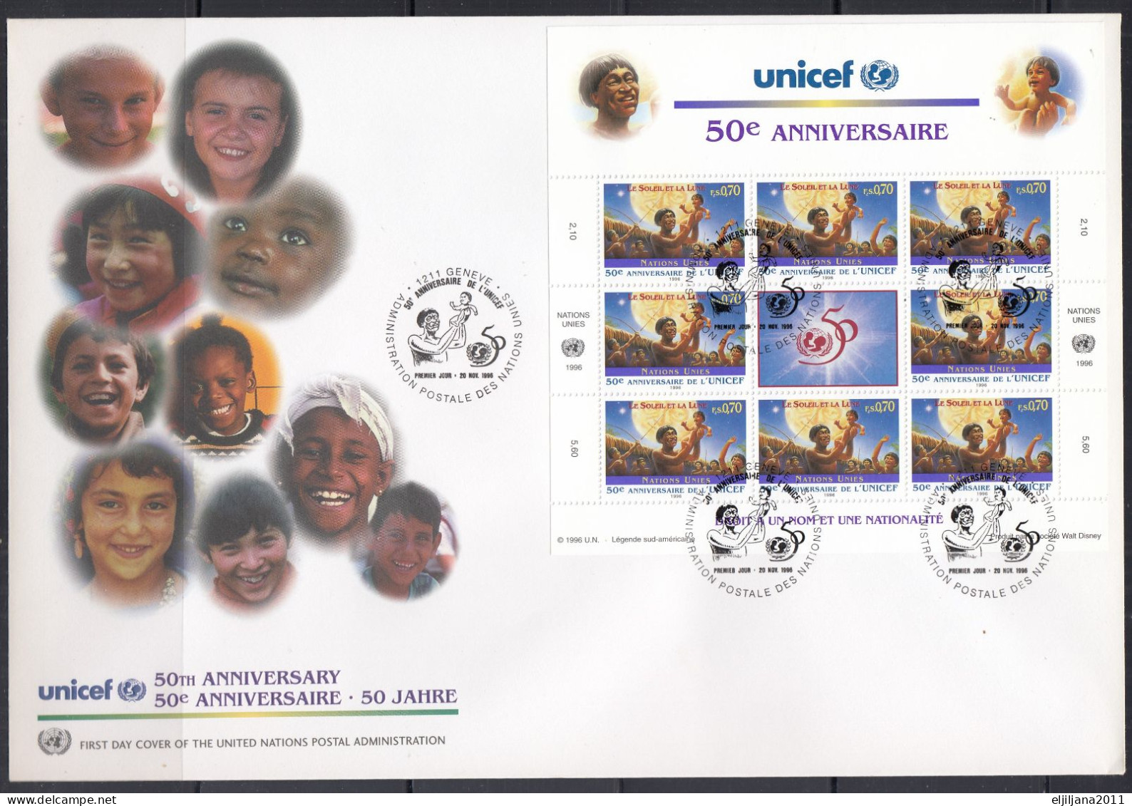 Action !! SALE !! 50 % OFF !! ⁕ U.N. UNICEF 1996 ⁕ 50th Anniversary ⁕ Geneva UN 2v XXL FDC Cover - Lettres & Documents