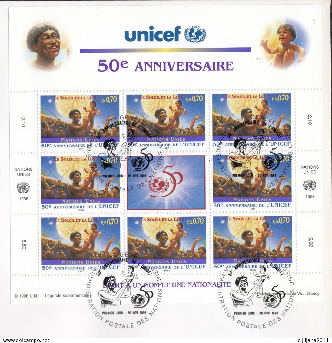 Action !! SALE !! 50 % OFF !! ⁕ U.N. UNICEF 1996 ⁕ 50th Anniversary ⁕ Geneva UN 2v XXL FDC Cover - Storia Postale