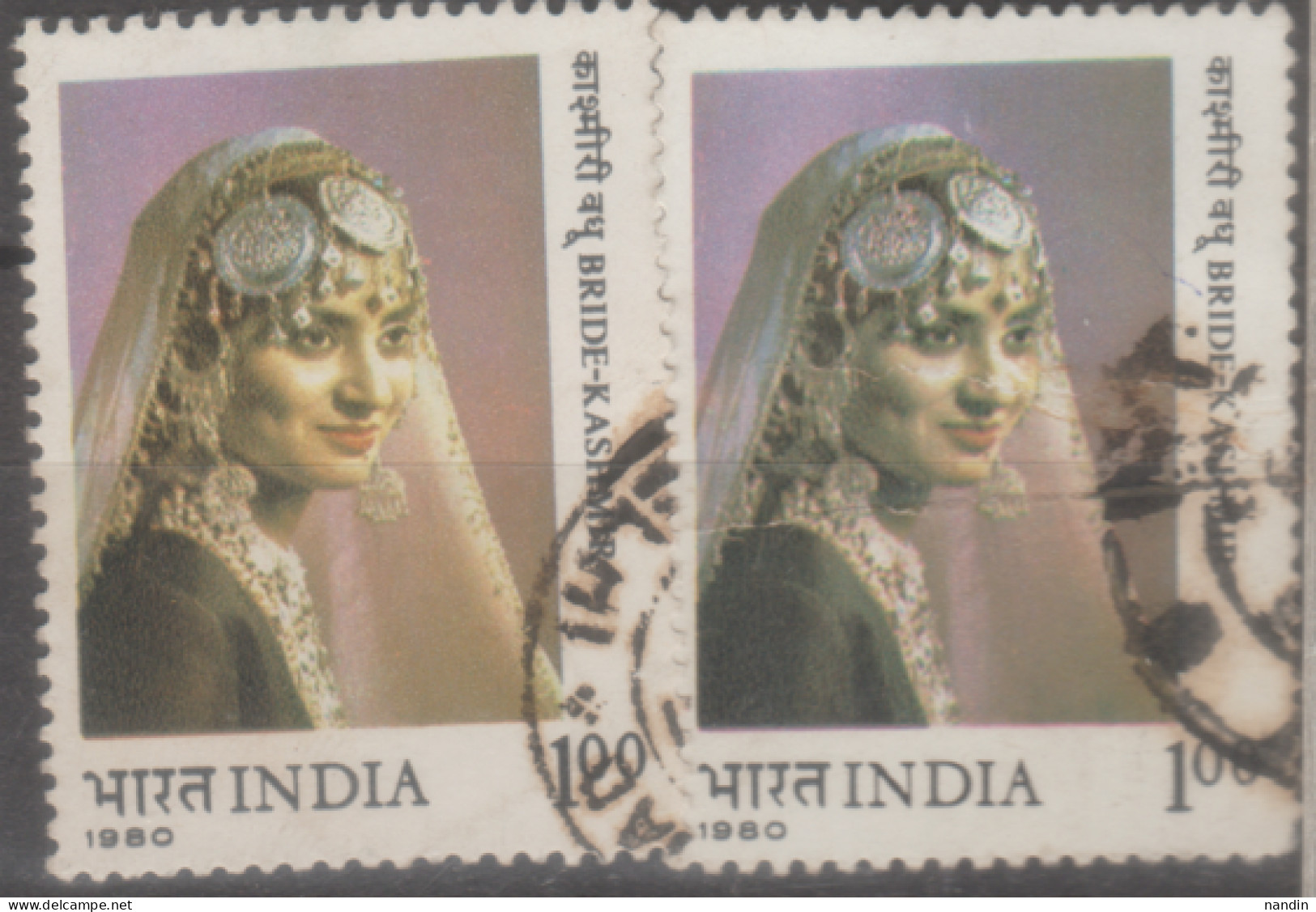 INDIA USED STAMP IN TWO DIFFERENT SHADES ON BRIDES In INDIAN TRADITIONAL COSTUME/Kashmir - Lots & Serien