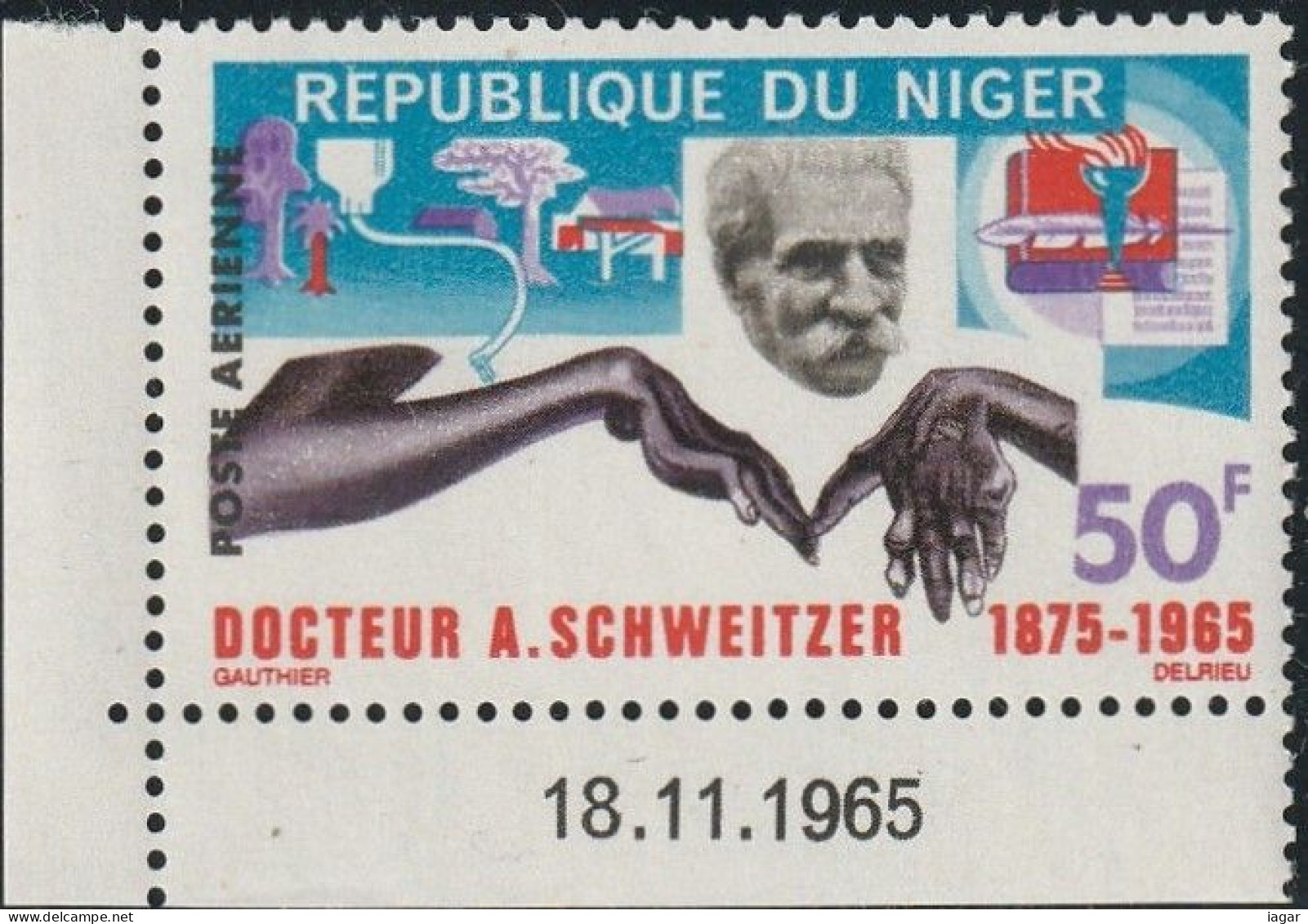 THEMATIC FAMOUS PEOPLE:  ALBERT SCHWEITZER. ALLEGORIES RELATING TO HIS ACTIVITIES. CORNER STAMP WITH DATE  -  NIGER - Albert Schweitzer