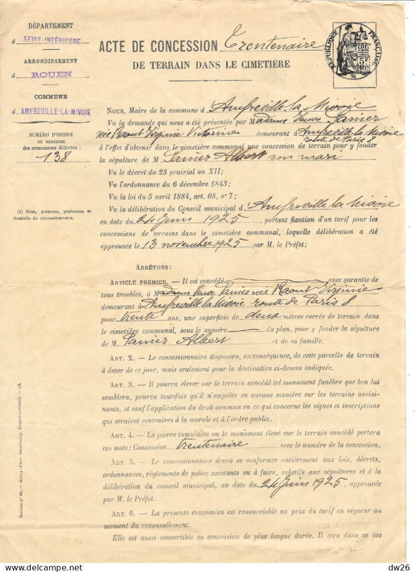Acte De Concession Trentenaire, Cimetière D'Amfreville-la-Mivoie (Seine-Inférieure) 1931 Vve Panier - Historische Documenten