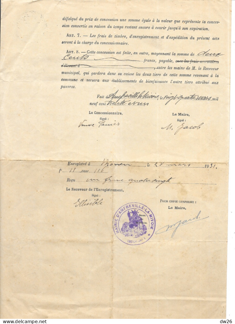 Acte De Concession Trentenaire, Cimetière D'Amfreville-la-Mivoie (Seine-Inférieure) 1931 Vve Panier - Documents Historiques