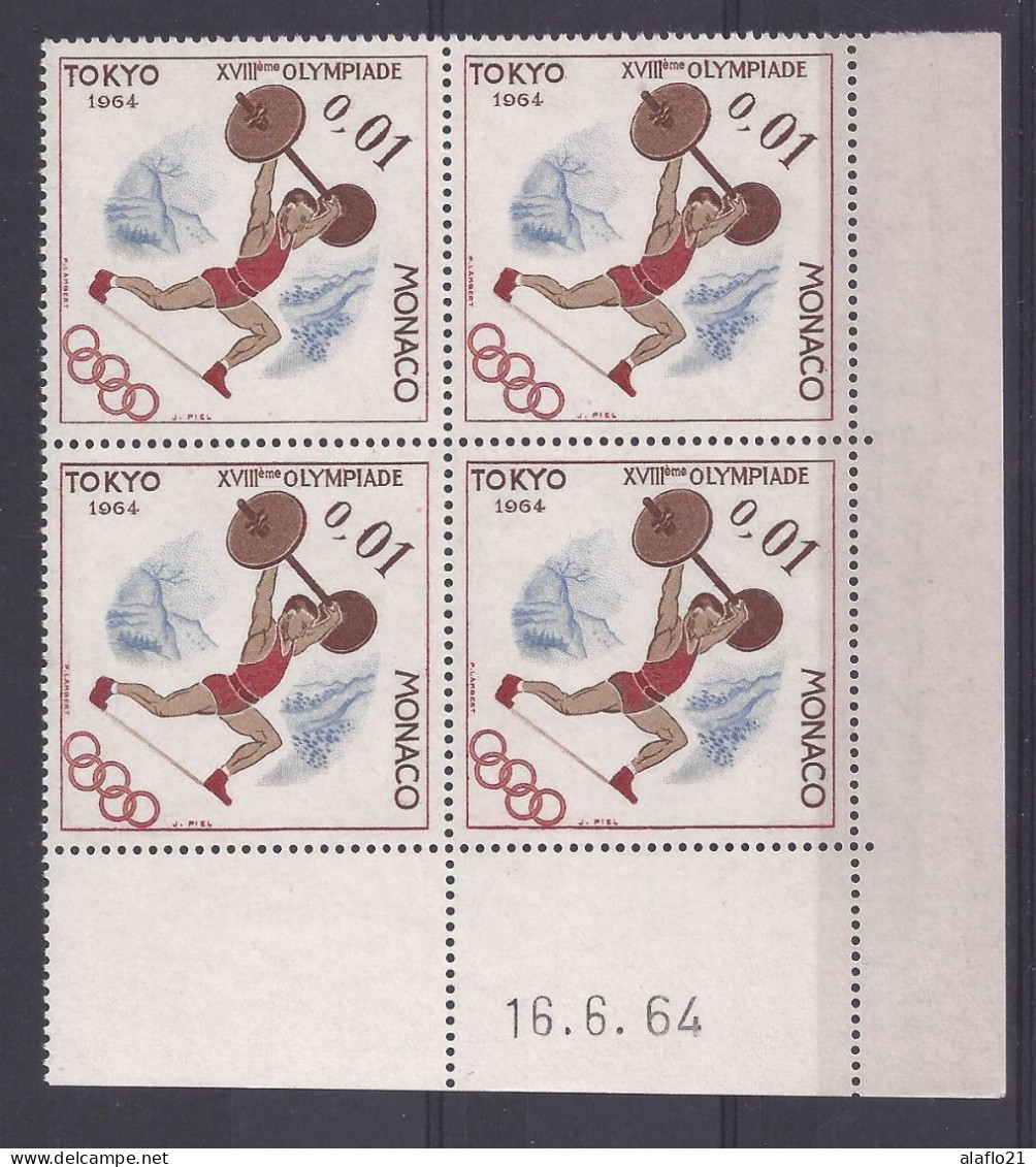 MONACO - N° 654 - HALTEROPHILIE - J.O. TOKYO - Bloc De 4 COIN DATE - NEUF SANS CHARNIERE - 16/6/64 - Ungebraucht