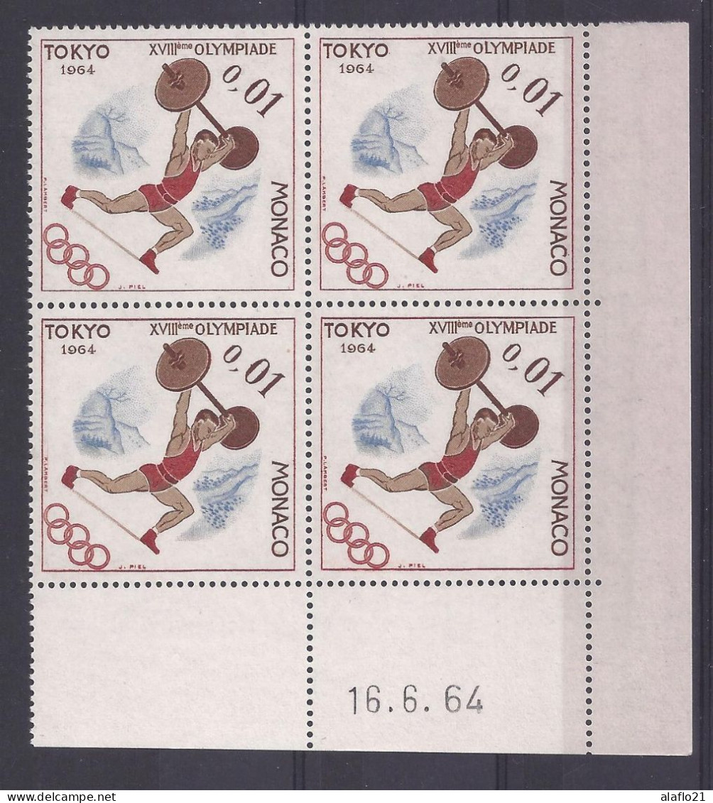 MONACO - N° 654 - HALTEROPHILIE - J.O. TOKYO - Bloc De 4 COIN DATE - NEUF SANS CHARNIERE - 16/6/64 - Unused Stamps