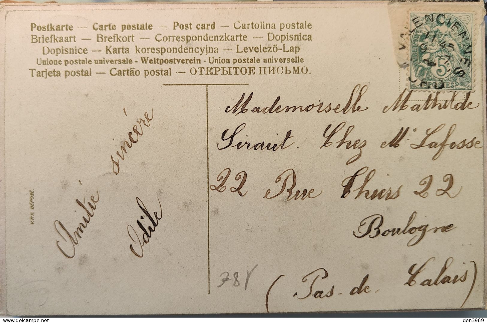 Bonjour D'ANZIN (Nord) Avec Paillettes - Cadre Et Fond Vert - Voyagé 190? (2 Scans) Lafosse, 22 Rue Thiers, Boulogne/Mer - Anzin