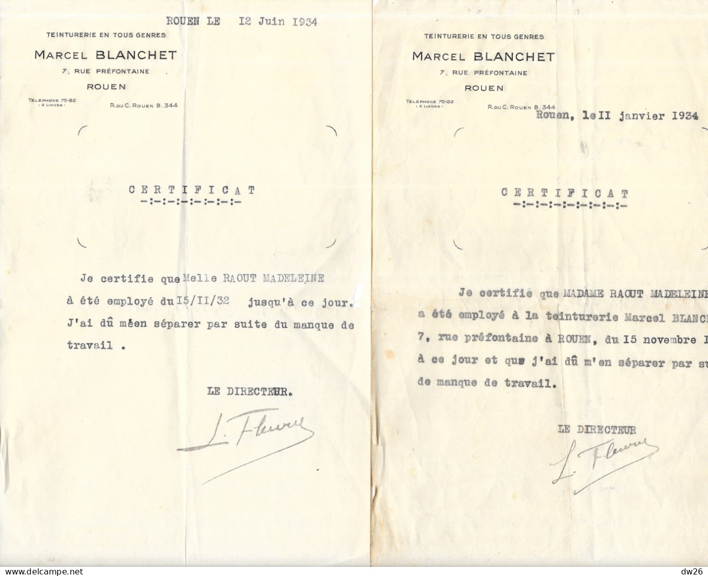 Teinturerie Marcel Blanchet à Rouen - 2 Certificats De 1934 à Son Employée: Madeleine Raout - Old Professions