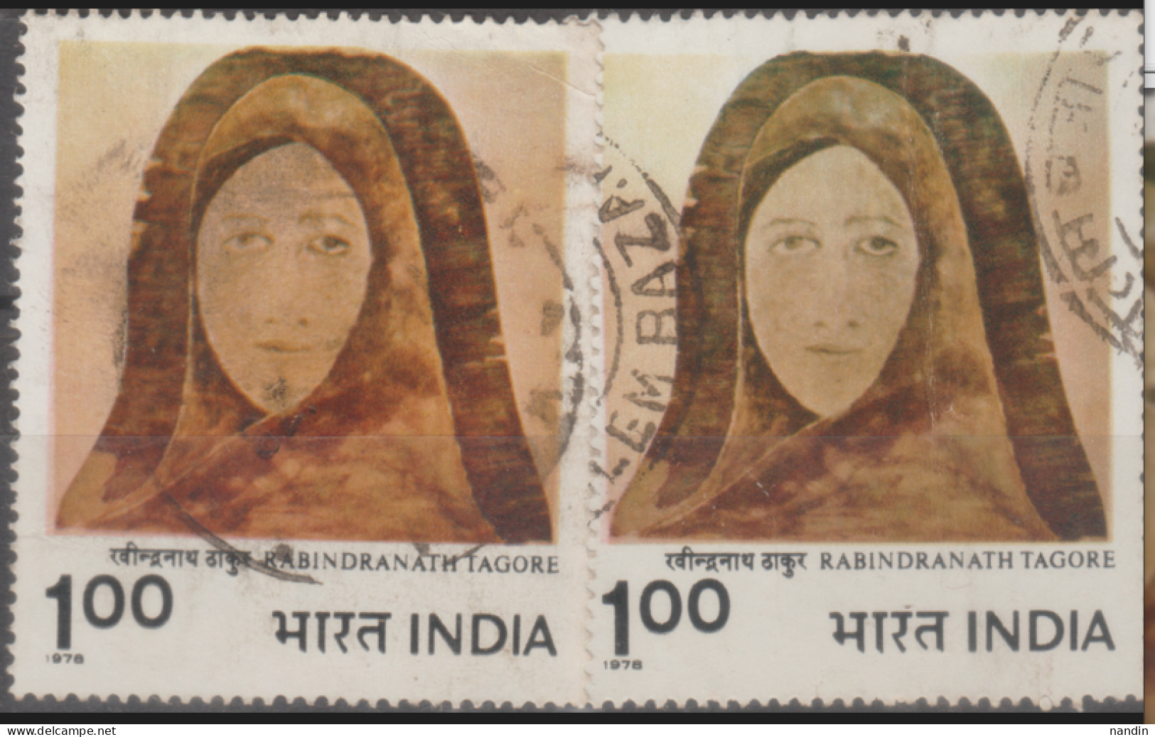 INDIA USED STAMP IN TWO DIFFERENT SHADES ON Modern INDIAN PAINTING/HEAD BY RABINDRANATH TAGORE - Collections, Lots & Séries