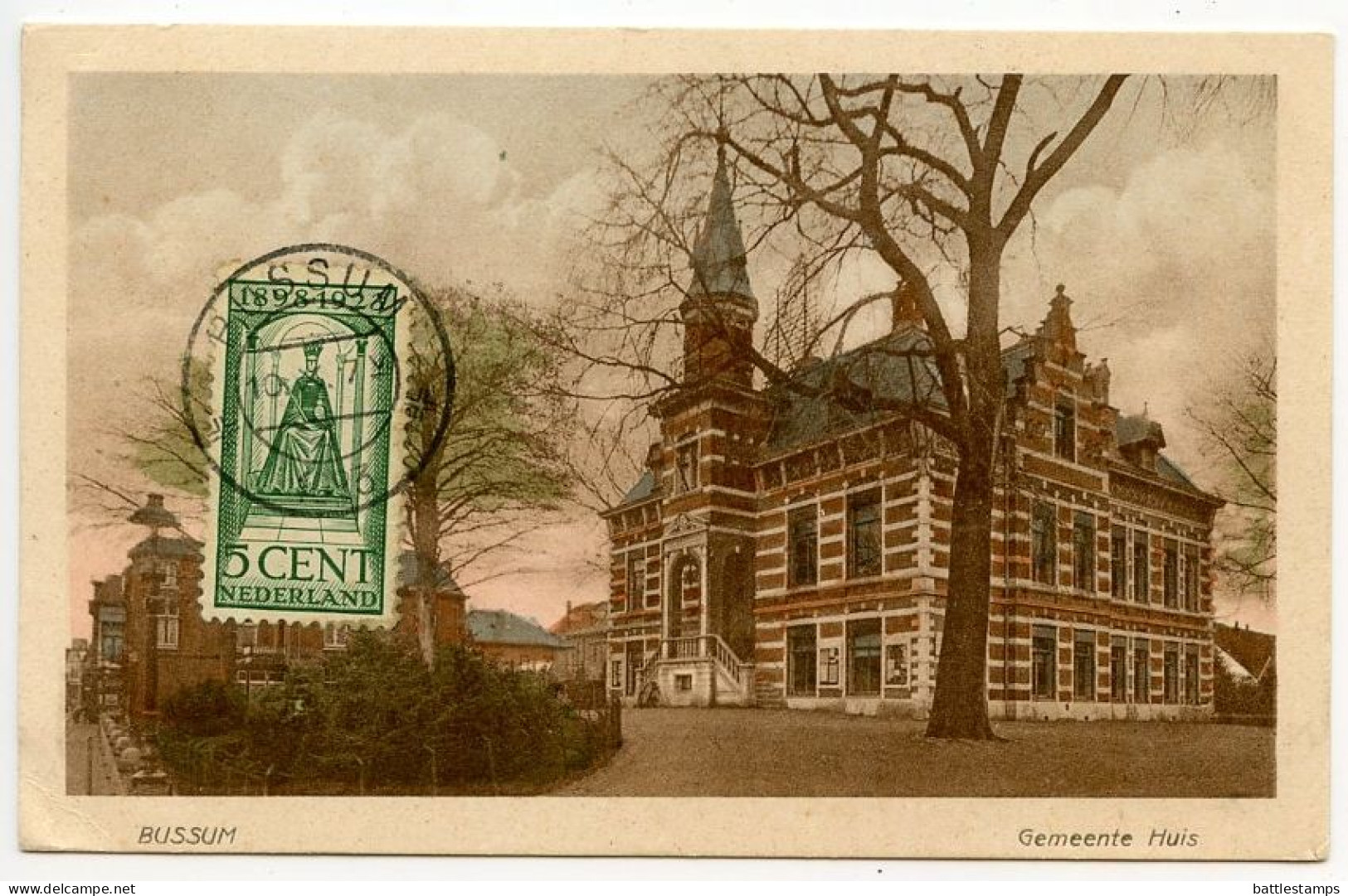 Netherlands 1923 Postcard - Bussum, Gemeente Huis; Scott 125 - 5c. Queen Wilhelmina - Bussum