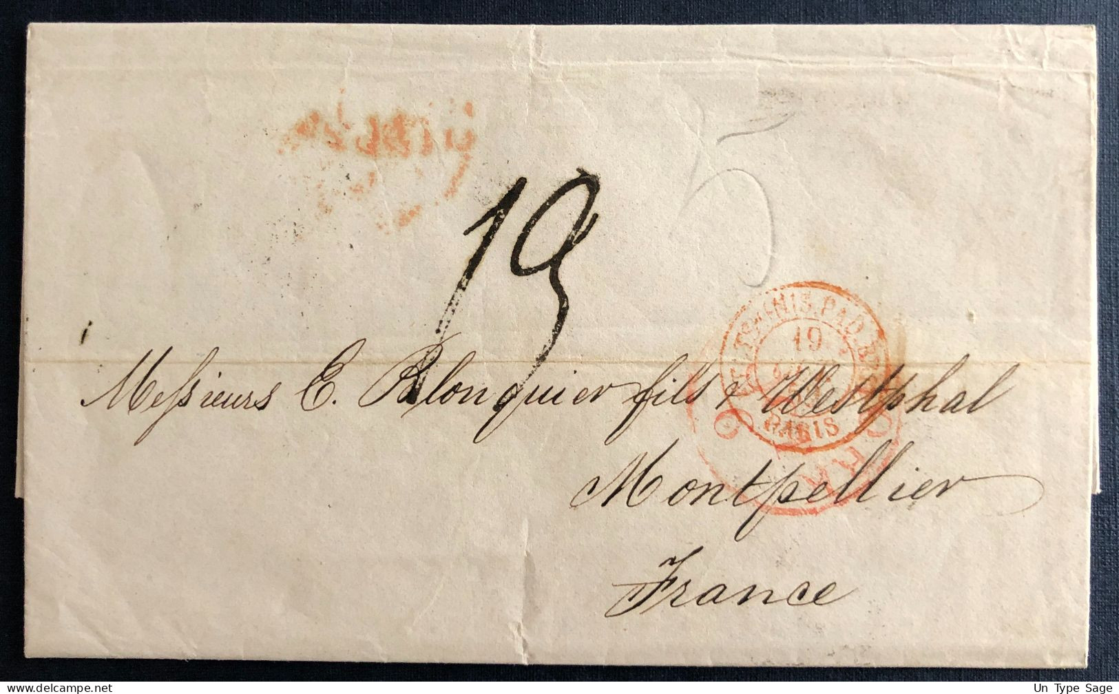 France, TAD ETATS-UNIS PAQ. BRTI. PARIS 19.10.1852 Sur Lettre De New York  - (C359) - Marques D'entrées