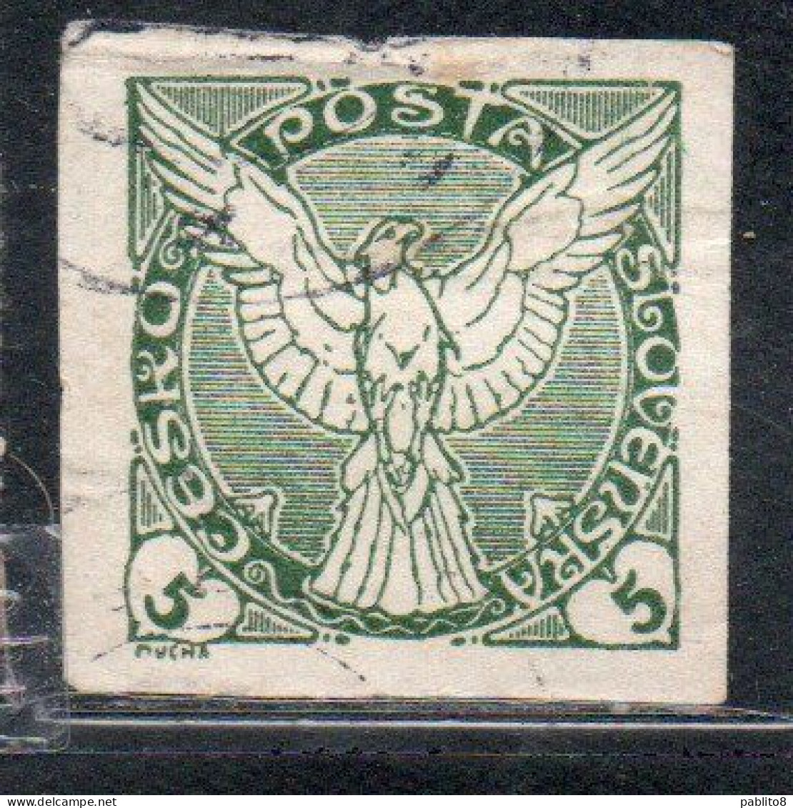 CZECHOSLOVAKIA CESKA CECOSLOVACCHIA 1918 1920 IMPERF. NEWSPAPER STAMPS WINDHOVER 5h USED USATO OBLITERE' - Newspaper Stamps