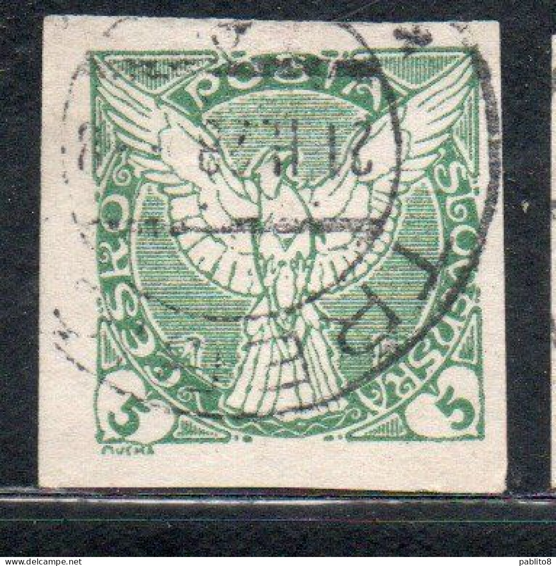 CZECHOSLOVAKIA CESKA CECOSLOVACCHIA 1918 1920 IMPERF. NEWSPAPER STAMPS WINDHOVER 5h USED USATO OBLITERE' - Newspaper Stamps