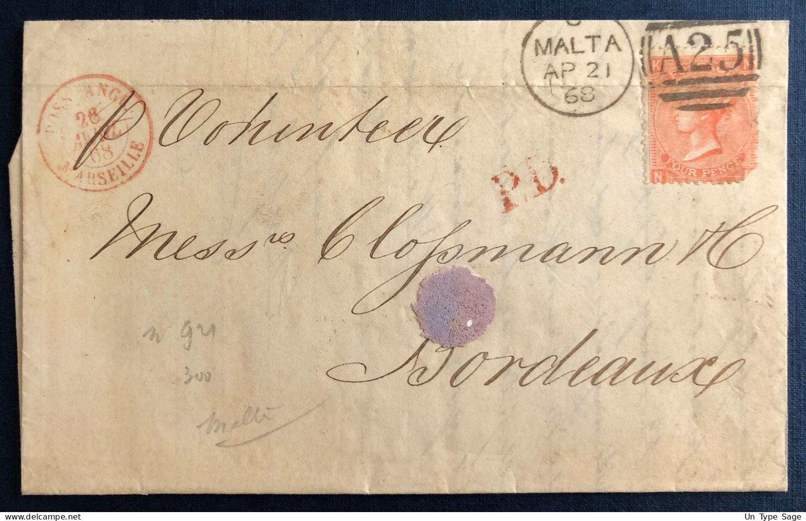 France, TAD POSS ANGL. MARSEILLE 26.4.1868 Sur Lettre De Malte  - (C155) - Entry Postmarks