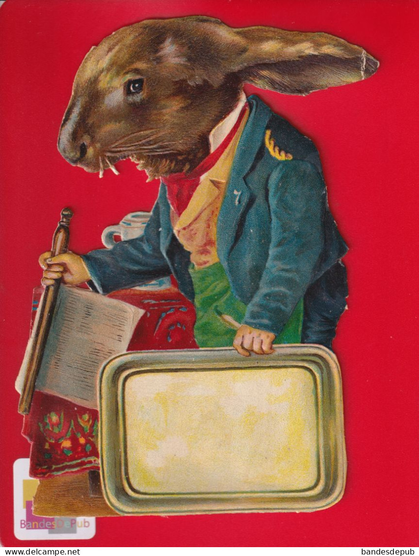 Anthropomorphisme Beau Chromo Decoupis Cartonné Lapin Humanisé Serveur Bistrot  Journal Plateau Circa 1890 - Animales