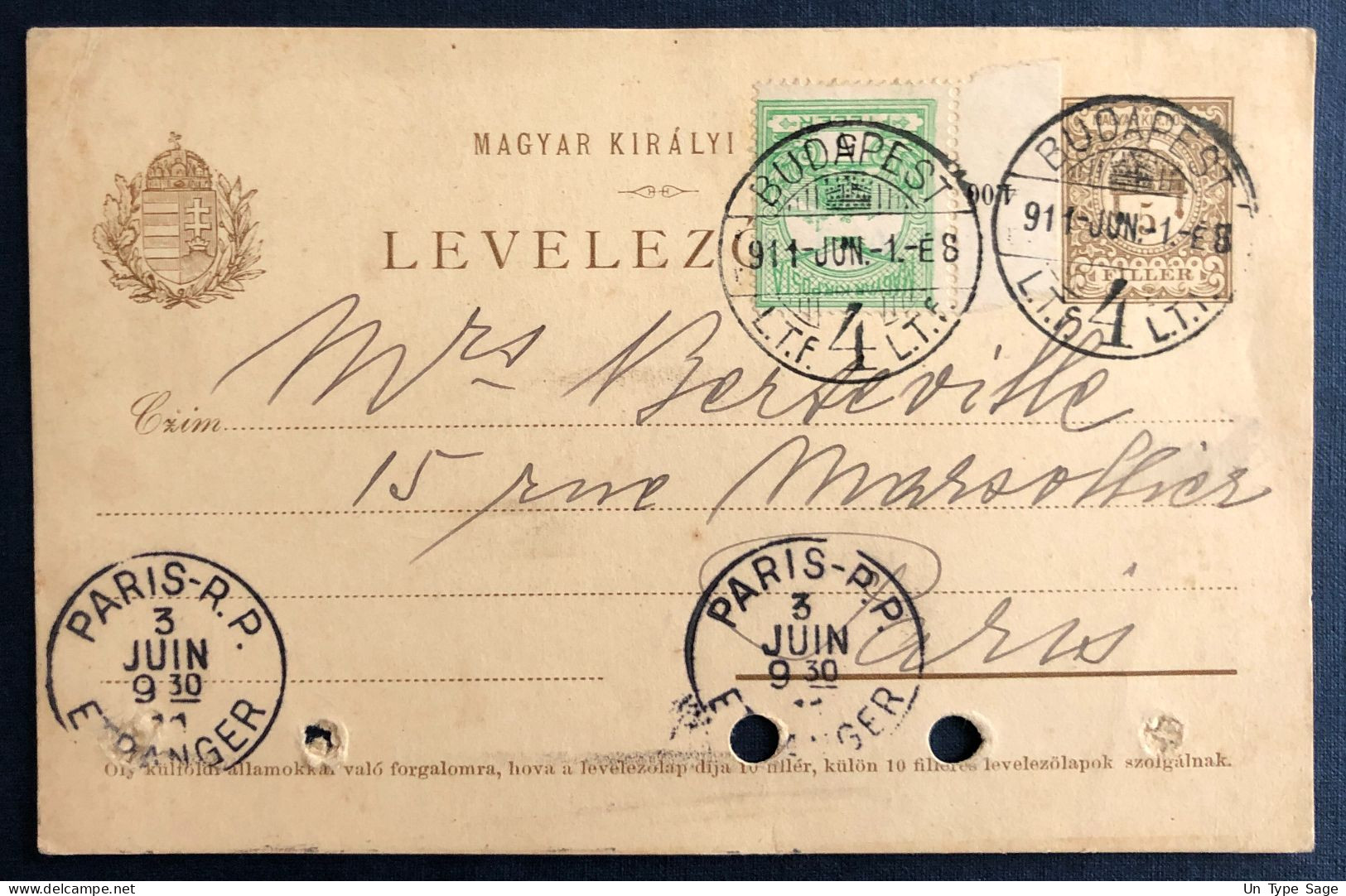 Hongrie, Entier + Complément De Budapest Pour Paris - (C396) - Postal Stationery