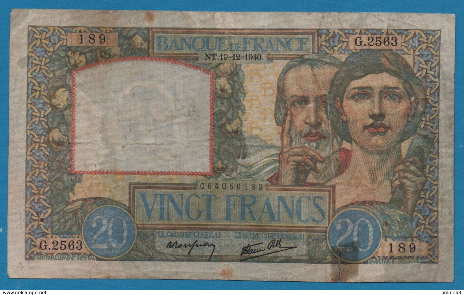 FRANCE 20 FRANCS 19.12.1940 # G.2563 F.12/11, P#92b Travail Et Science - 20 F 1939-1942 ''Science Et Travail''