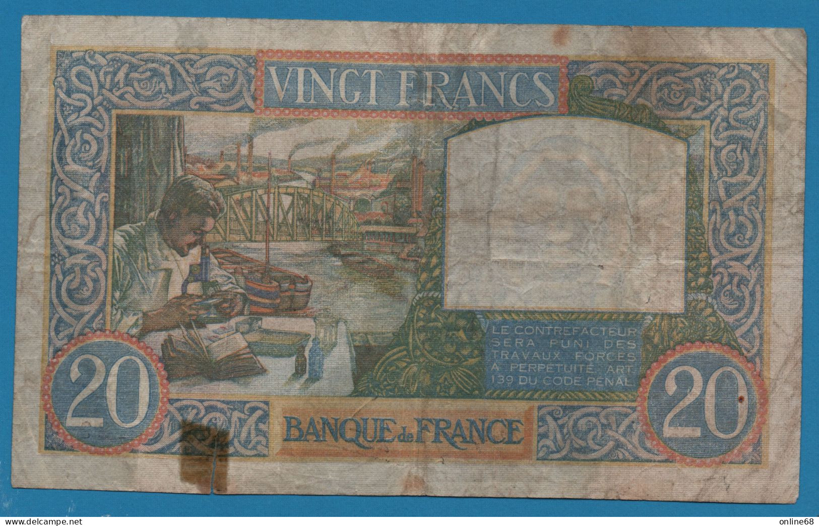 FRANCE 20 FRANCS 19.12.1940 # G.2563 F.12/11, P#92b Travail Et Science - 20 F 1939-1942 ''Science Et Travail''