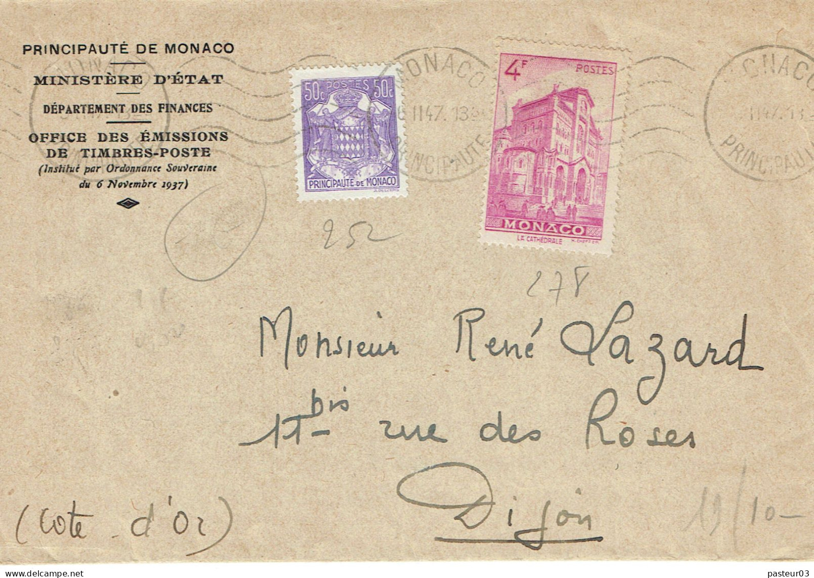 252 + 278 Monaco Armoiries 50 C. Violet + 4f. Cathédrale Monaco Flamme Monaco 18-2-1947 - Lettres & Documents