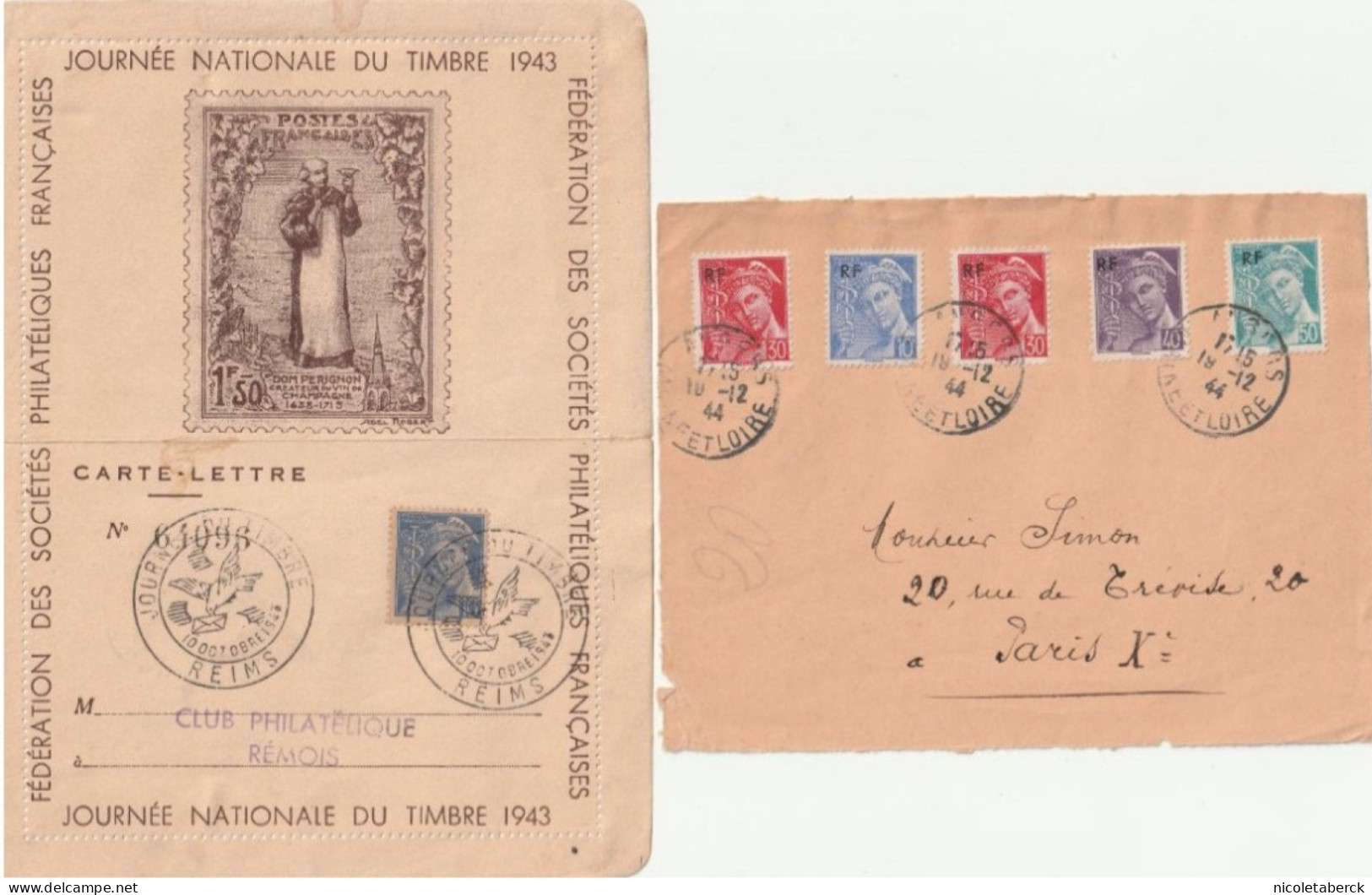 Mercure, Carte Lettre 10/10/43, Reims + Devant De Lettre Avec Série 657/60 Du 19/12/44 - 1938-42 Mercure