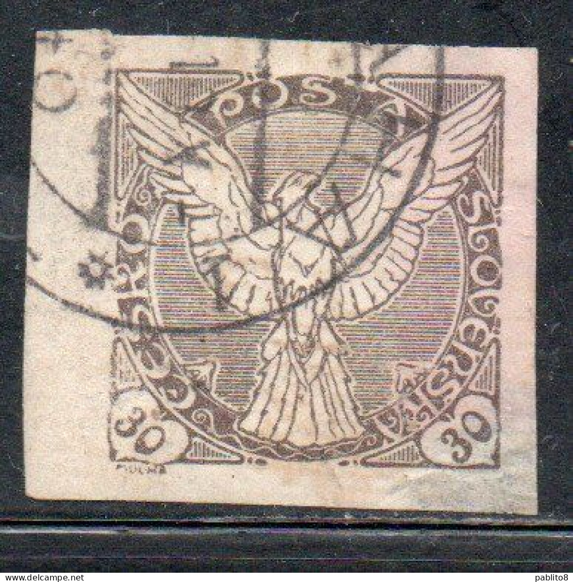 CZECHOSLOVAKIA CESKA CECOSLOVACCHIA 1918 1920 IMPERF. NEWSPAPER STAMPS WINDHOVER 30h USED USATO OBLITERE' - Francobolli Per Giornali