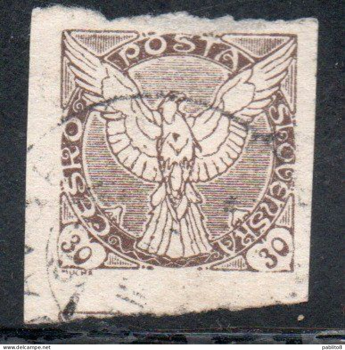 CZECHOSLOVAKIA CESKA CECOSLOVACCHIA 1918 1920 IMPERF. NEWSPAPER STAMPS WINDHOVER 30h USED USATO OBLITERE' - Francobolli Per Giornali