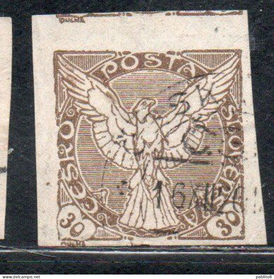 CZECHOSLOVAKIA CESKA CECOSLOVACCHIA 1918 1920 IMPERF. NEWSPAPER STAMPS WINDHOVER 30h USED USATO OBLITERE' - Francobolli Per Giornali