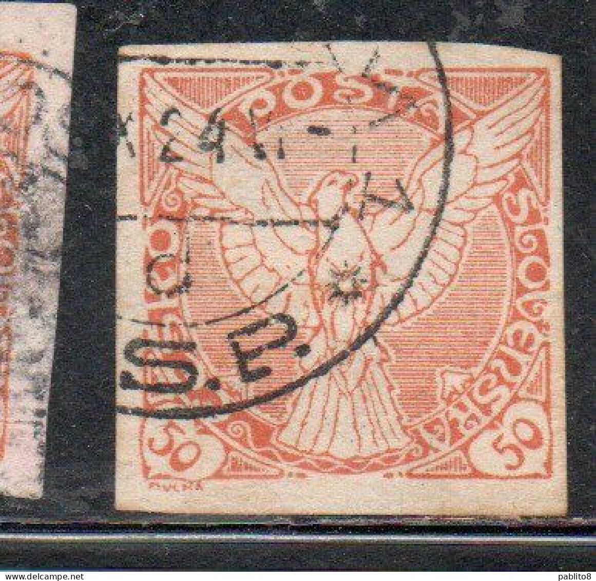 CZECHOSLOVAKIA CESKA CECOSLOVACCHIA 1918 1920 IMPERF. NEWSPAPER STAMPS WINDHOVER 50h USED USATO OBLITERE' - Francobolli Per Giornali