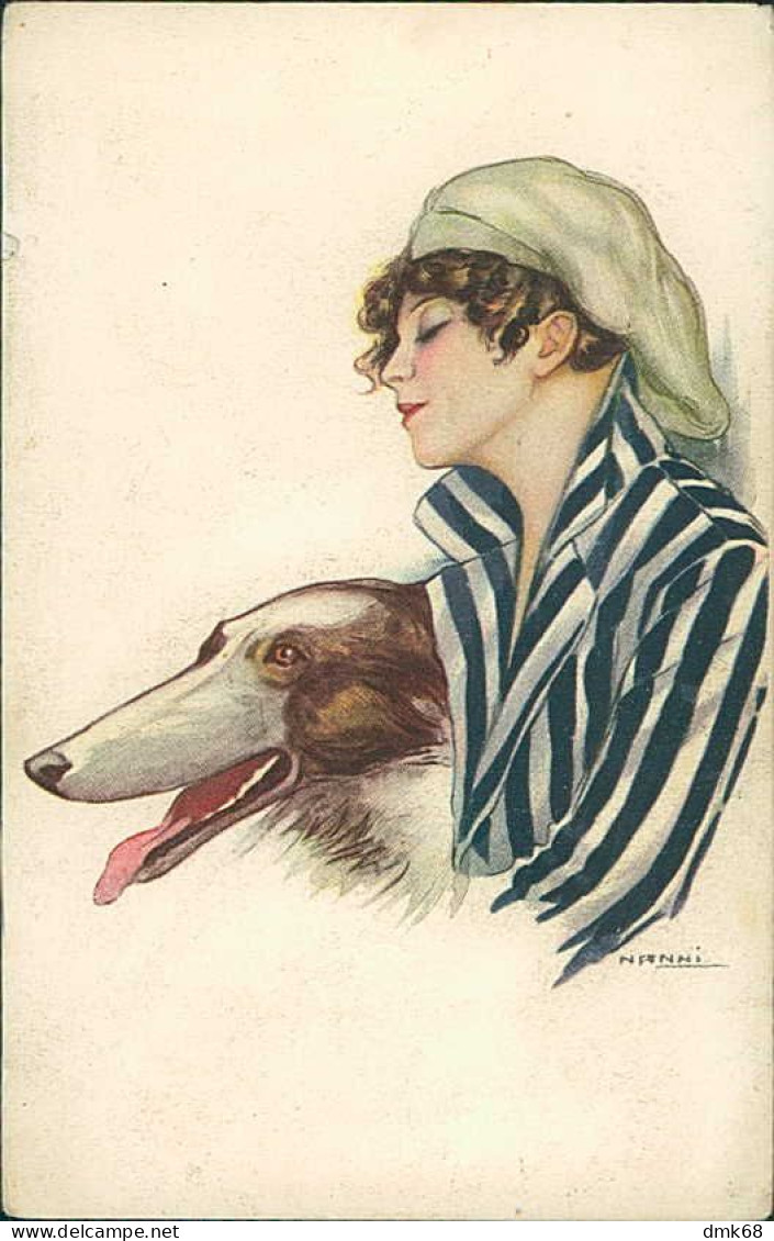 NANNI SIGNED 1910s POSTCARD - WOMAN & DOG / BORZOI - N.205/6 (4828) - Nanni