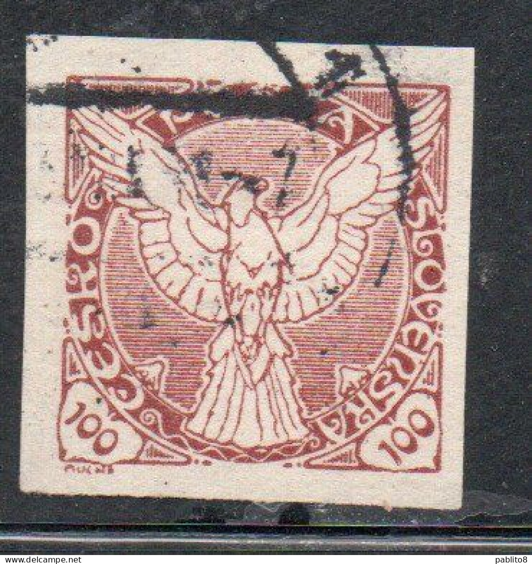 CZECHOSLOVAKIA CESKA CECOSLOVACCHIA 1918 1920 IMPERF. NEWSPAPER STAMPS WINDHOVER 100h USED USATO OBLITERE' - Newspaper Stamps