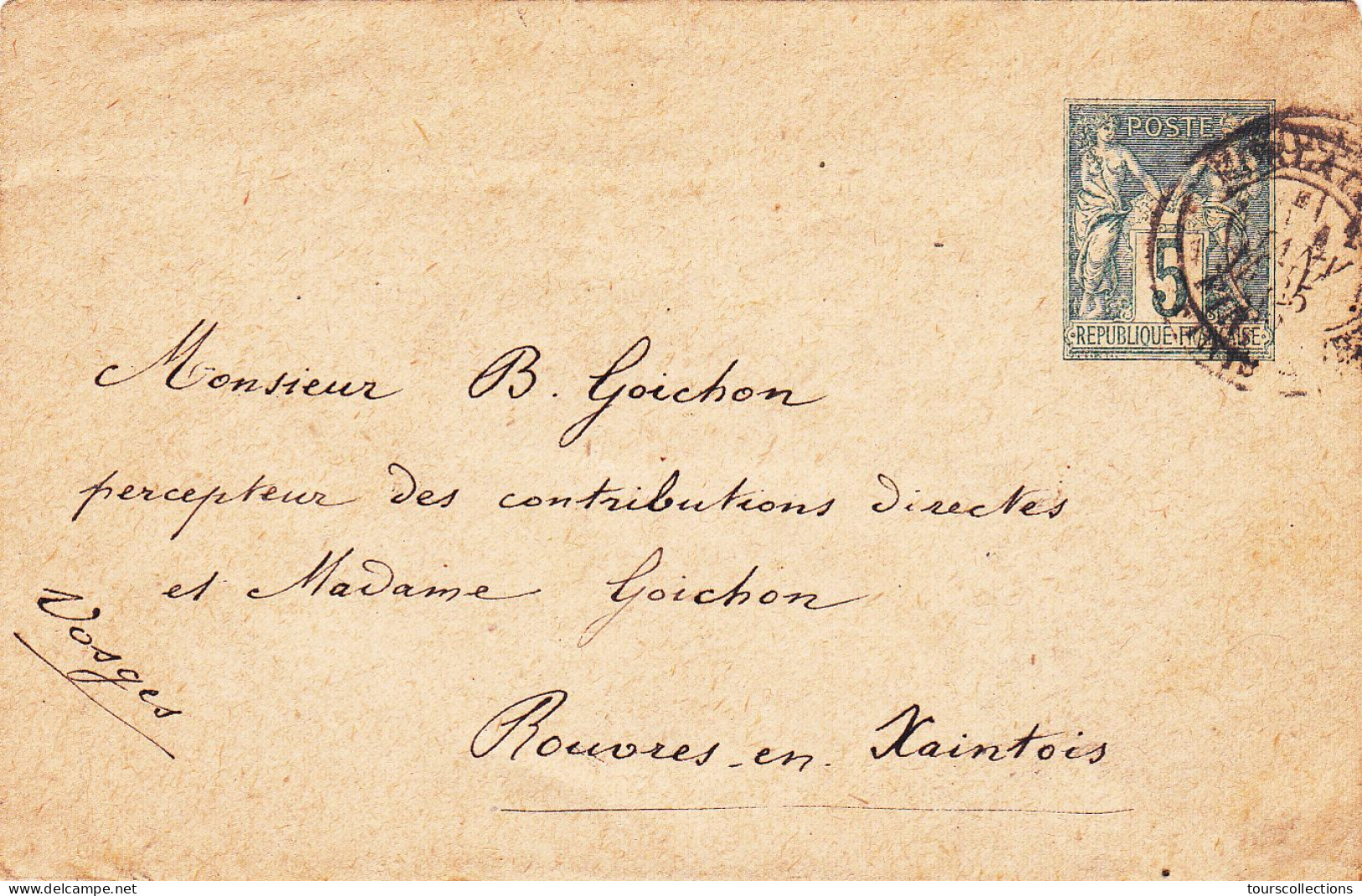 LOT 8 LETTRES ENTIER POSTAUX SAGE 5C VERT 1890 / 1900 à ROUVRES ou ISCHES 88 ou ARLEUX 59 à Goichon Percepteur impôts