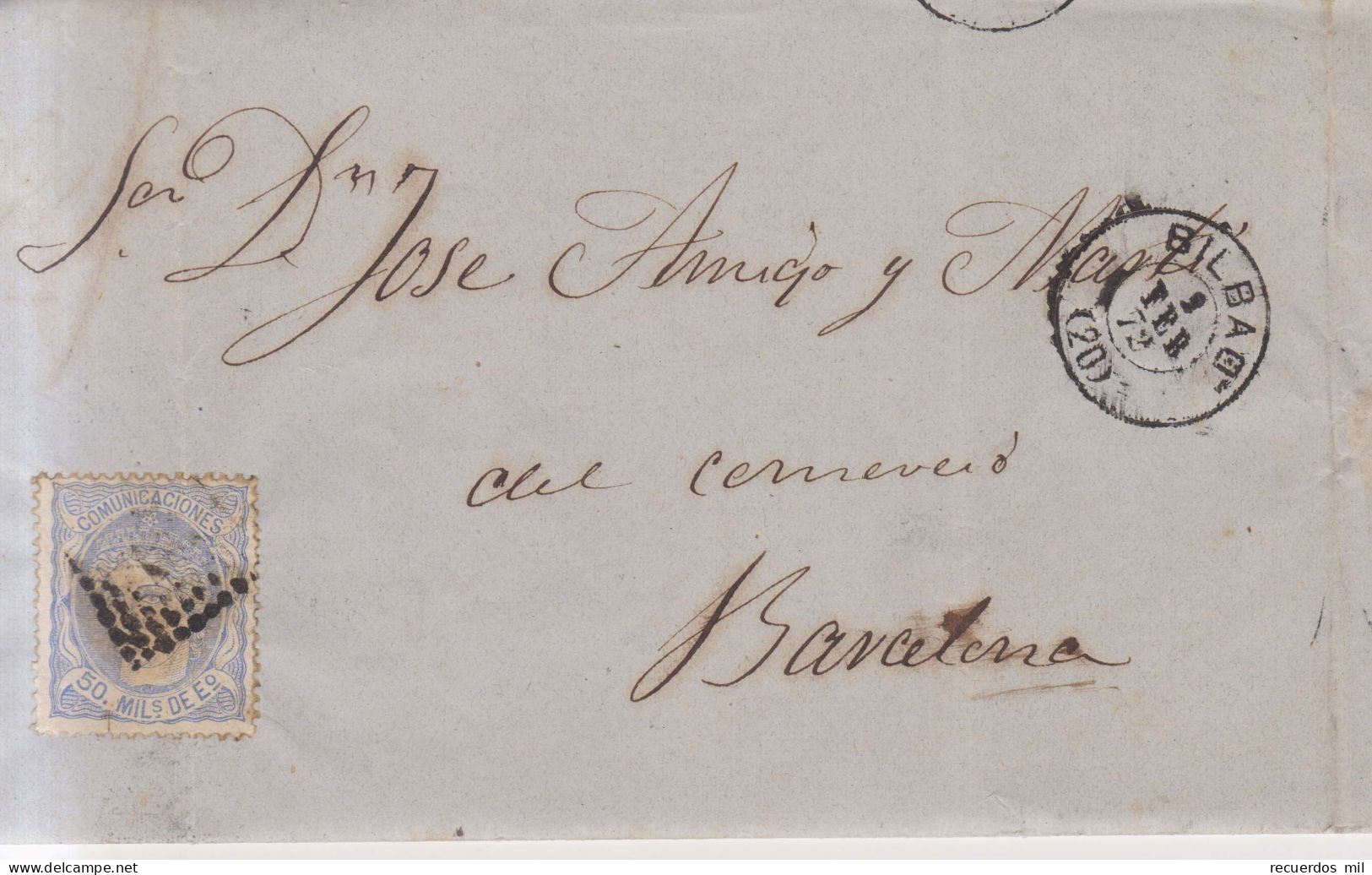 Año 1870 Edifil 107  Alegoria Carta Matasellos Rombo Bilbao Julian Ruiz De Aguirre - Brieven En Documenten
