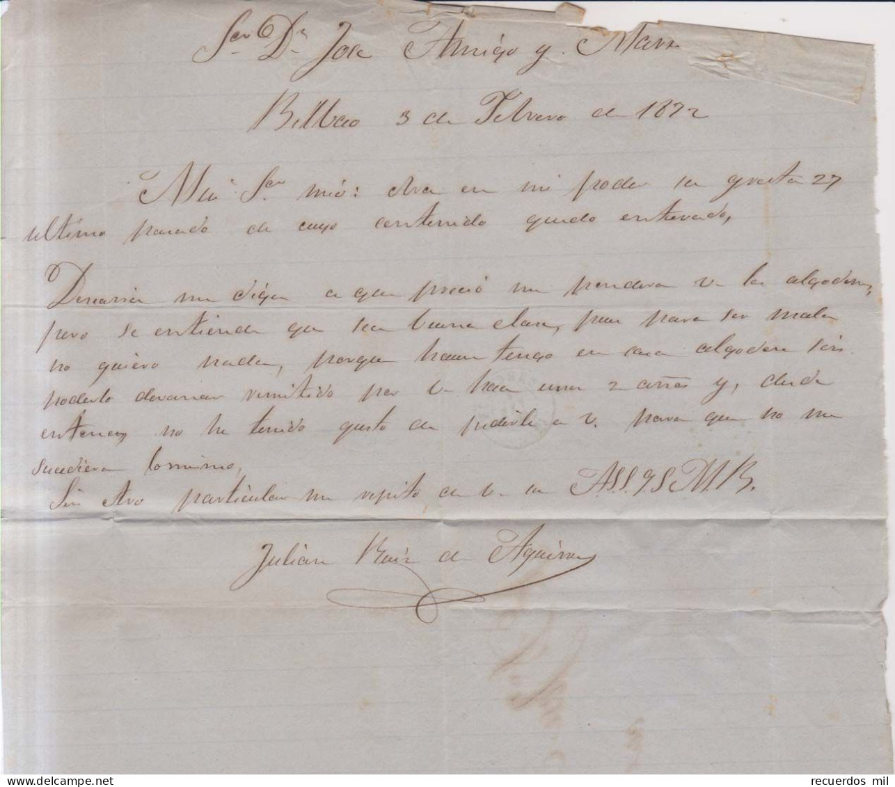 Año 1870 Edifil 107  Alegoria Carta Matasellos Rombo Bilbao Julian Ruiz De Aguirre - Cartas & Documentos