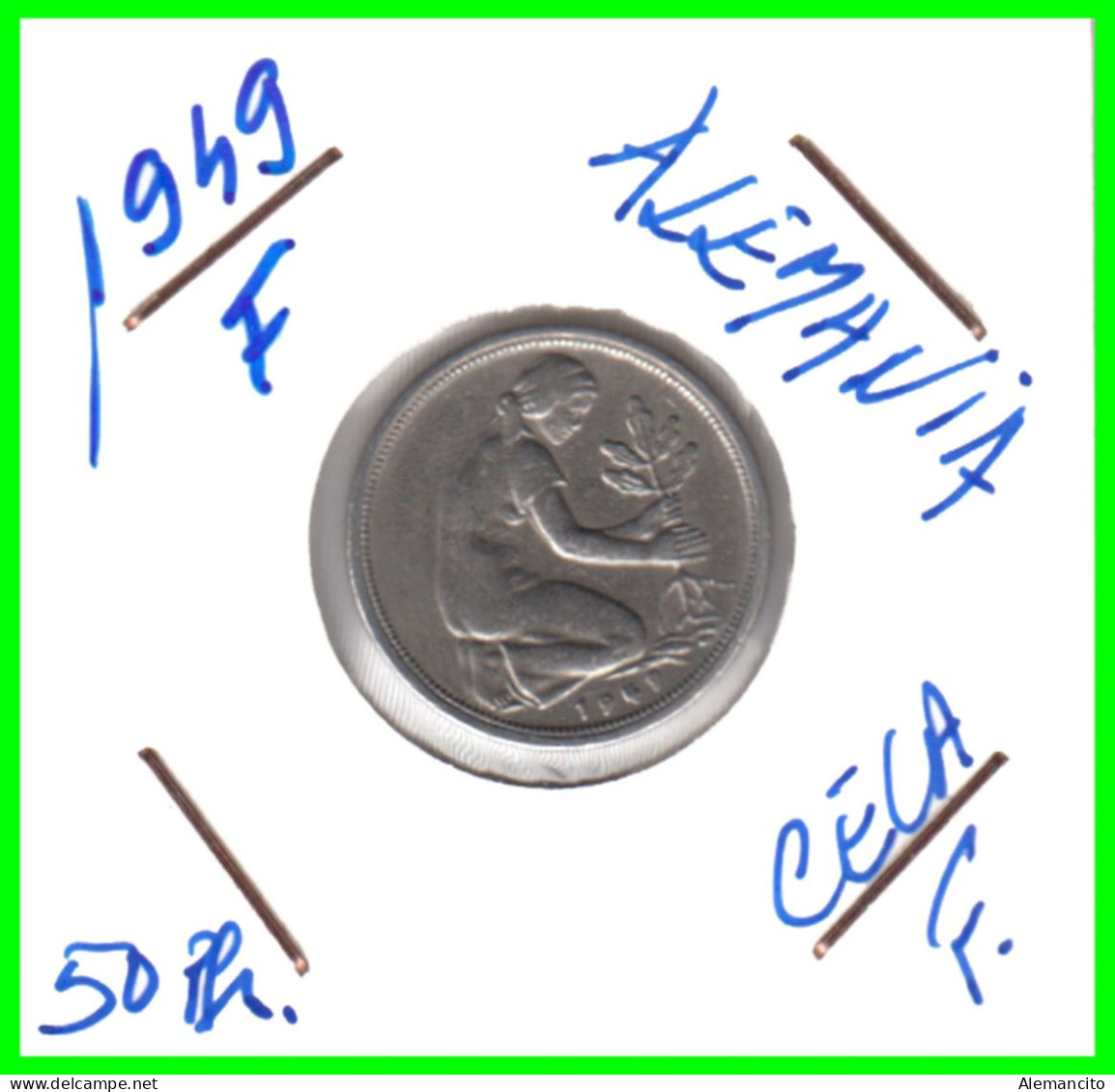 ALEMANIA -DEUTSCHLAND - GERMANY-MONEDA DE LA REPUBLICA FEDERAL DE ALEMANIA DE 50 Pfn-DEL AÑO - 1949 CECA - F - STUTTGART - 50 Pfennig
