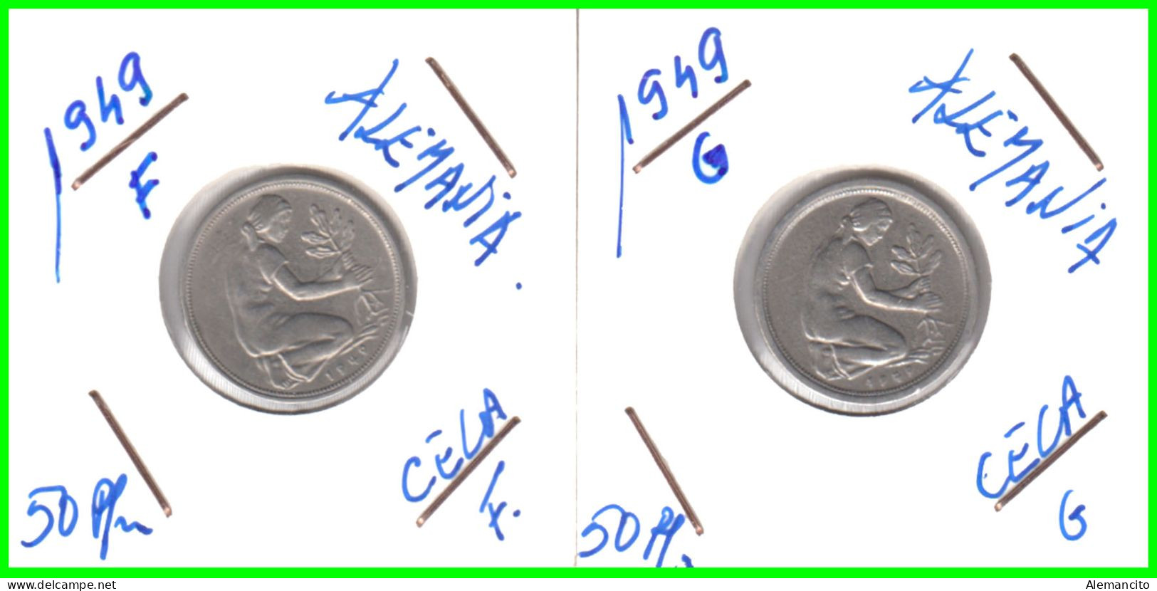 ALEMANIA -  GERMANY - 2 MONEDAS DE LA R.F. DE ALEMANIA DE 50 Pfn-DEL AÑO - 1949 CECA - F - STUTTGART - G - KARLSRTUHE - 50 Pfennig