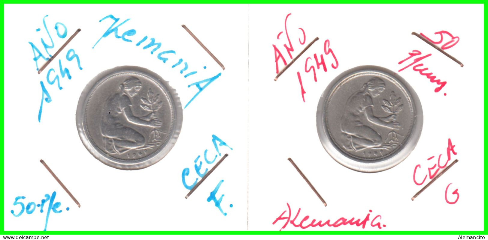 ALEMANIA -  GERMANY - 2 MONEDAS DE LA REPUBLICA FEDERAL DE ALEMANIA DE 50 Pfn-DEL AÑO - 1949 CECA - F - STUTTGART - 50 Pfennig