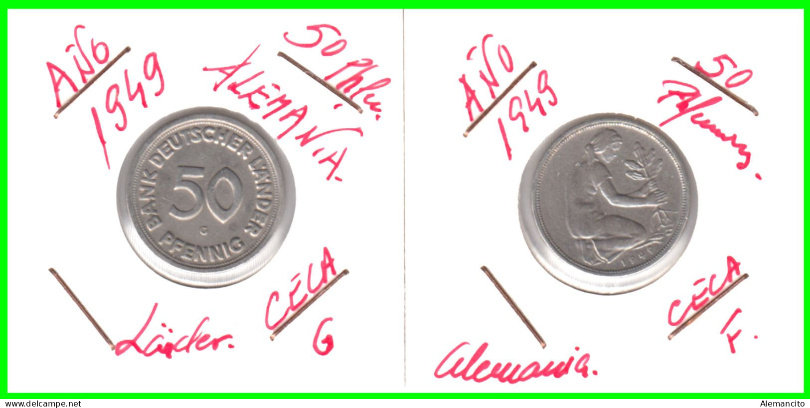 ALEMANIA -  GERMANY - 2 MONEDAS DE LA REPUBLICA FEDERAL DE ALEMANIA DE 50 Pfn-DEL AÑO - 1949 CECA - F - STUTTGART - 50 Pfennig