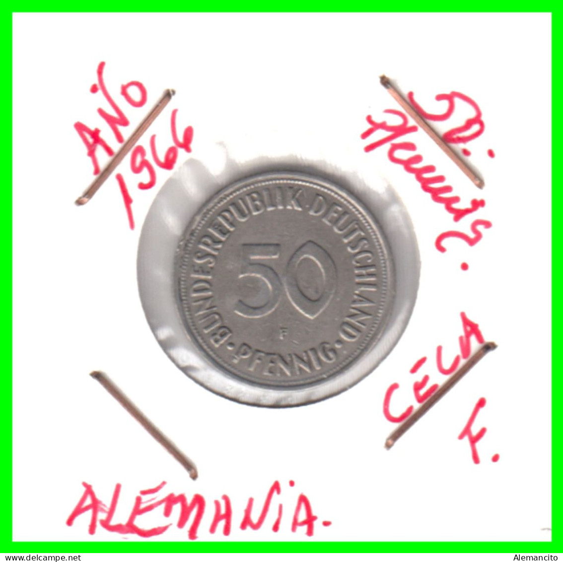 ALEMANIA -DEUTSCHLAND - GERMANY-MONEDA DE LA REPUBLICA FEDERAL DE ALEMANIA DE 50 Pfn-DEL AÑO - 1950 CECA - F - STUTTGART - 50 Pfennig