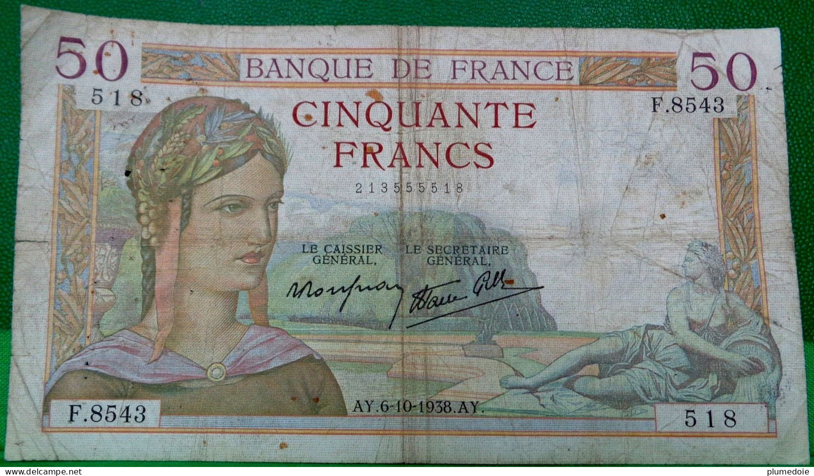 FRANCE BILLET 50 FRANCS CERES Type Modifié , AY 6-10-1938.AY .  ALPHABET F.8543 N° 518  . OLD BANK NOTE - 50 F 1934-1940 ''Cérès''