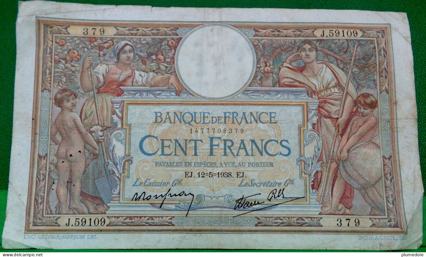 FRANCE BILLET 100 FRANCS LUC OLIVIER MERSON Type Modifié , EJ. 12-5-1938 .alphabet J.59109 N° 379  OLD BANK NOTE - 100 F 1908-1939 ''Luc Olivier Merson''