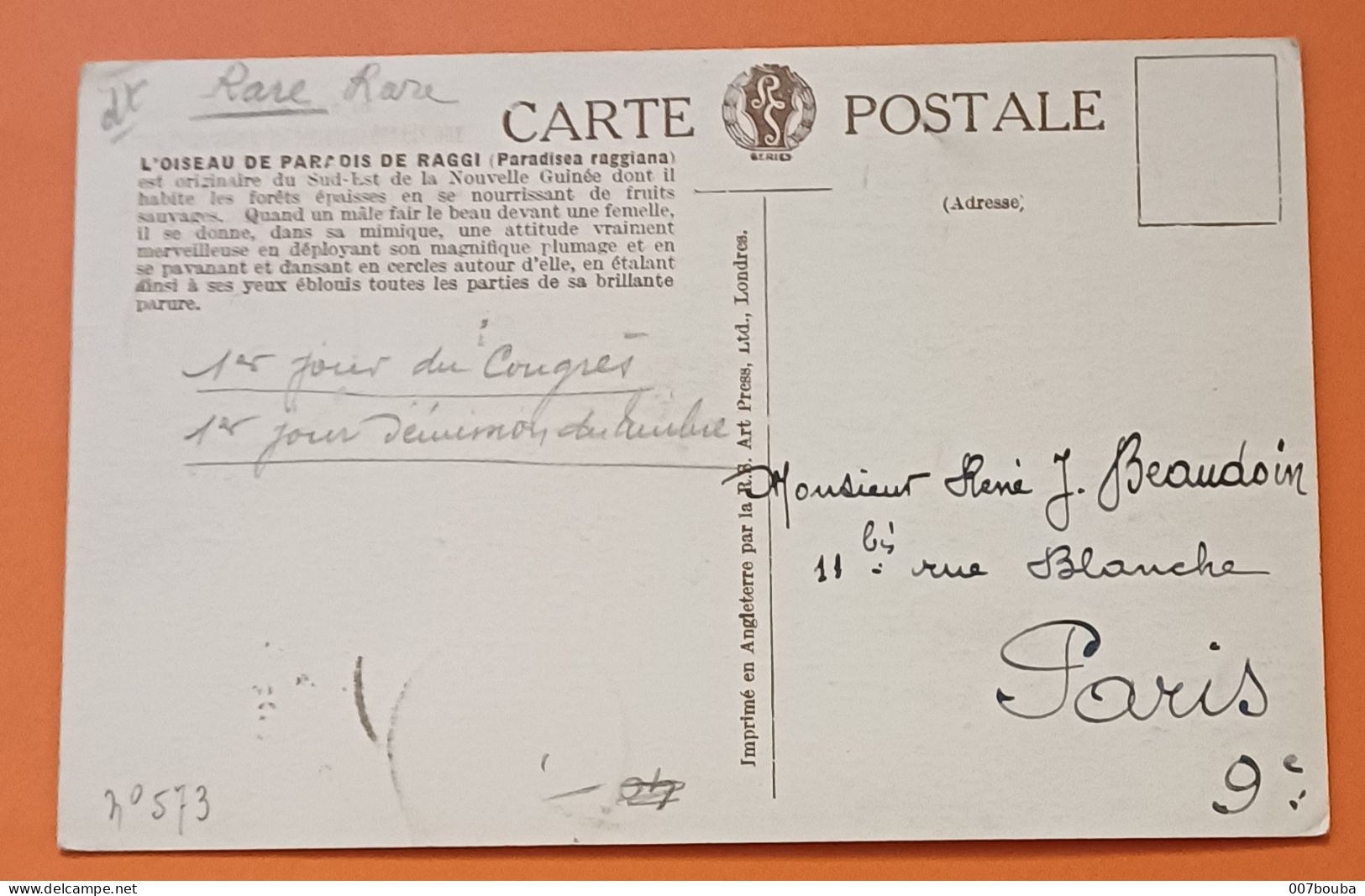 FRANCE  / OBLITÉRATION 1er JOUR CONGRÈS INTL ORNITHOLOGIQUE DE ROUEN 1938 / TP 380 / L'OISEAU DU PARADIS - Mechanical Postmarks (Advertisement)