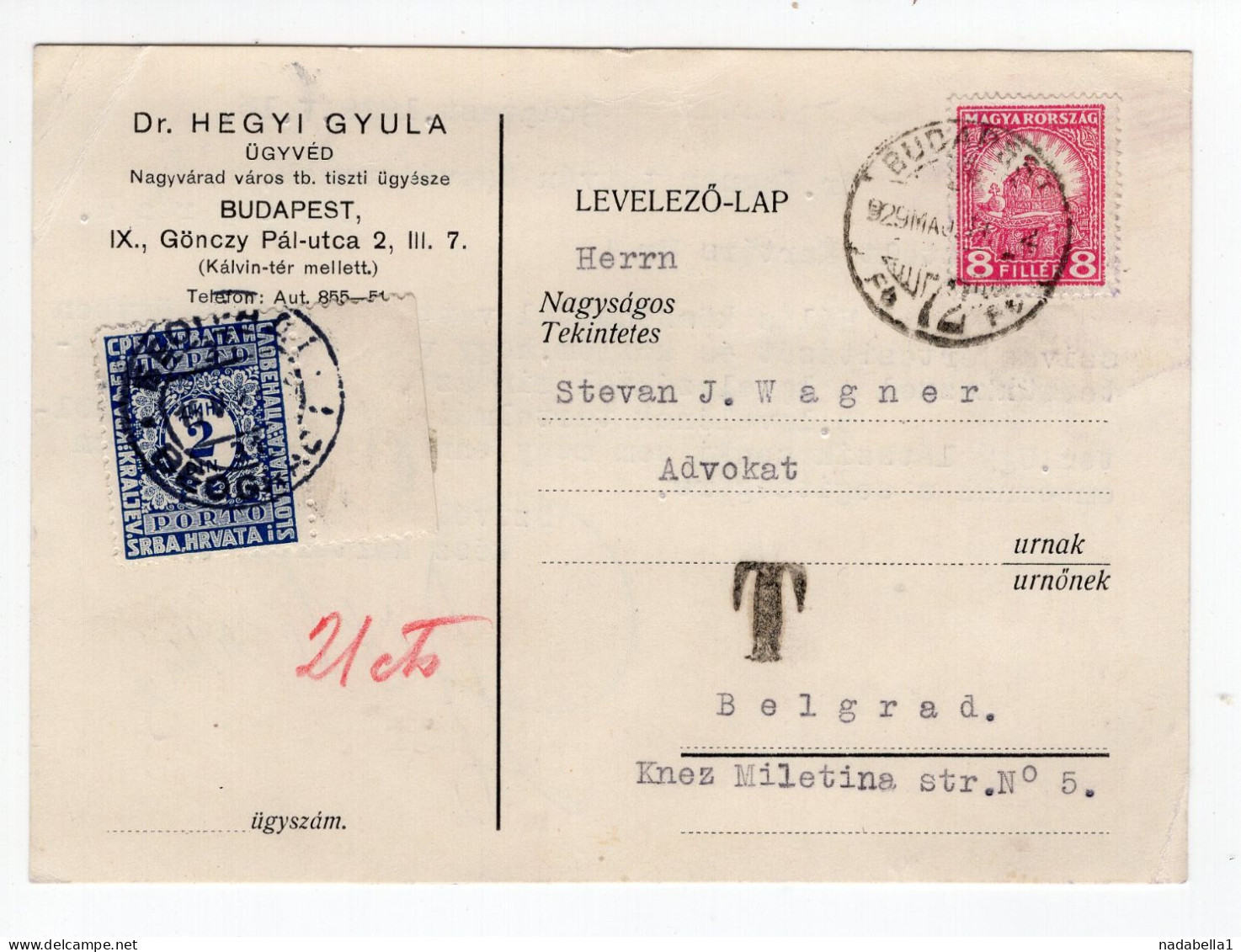 1925. HUNGARY,BUDAPEST TO BELGRADE,T,2 DIN. STAMP POSTAGE DUE,CORRESPONDENCE CARD,USED - Segnatasse