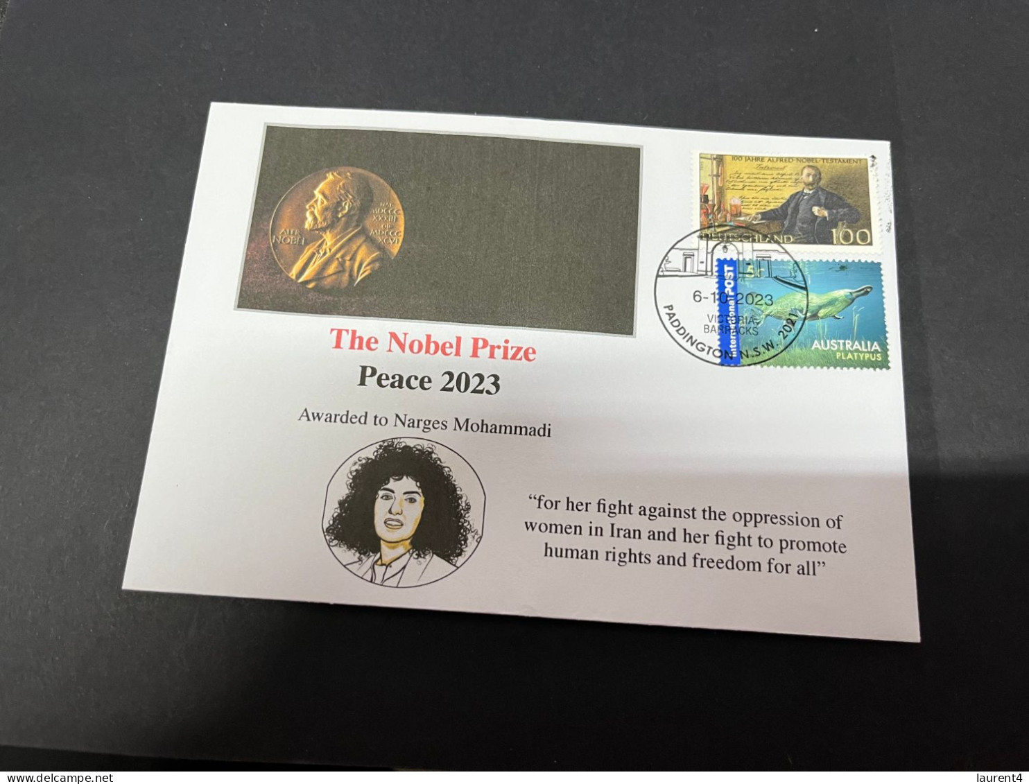 7-10-2023 (3 U 32A) Nobel Peace Prize Awarded In 2023 - 1 Cover - Nobel Germany + OZ Stamp (postmarked 6-10-2022) - Otros & Sin Clasificación