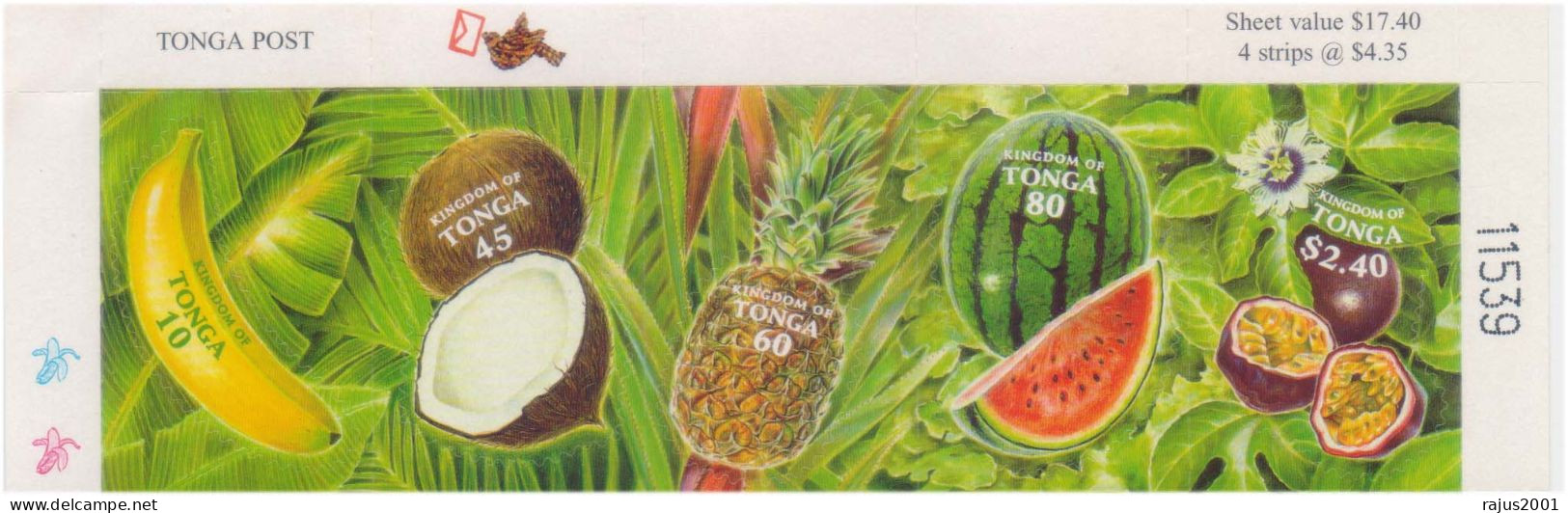 Banana Coconut Pineapple, Watermelon, Fruits, Fruit Shape, Food, Odd Shaped UNUSUAL Tonga Self Adhesive Strips Of 5 MNH - Fehldrucke