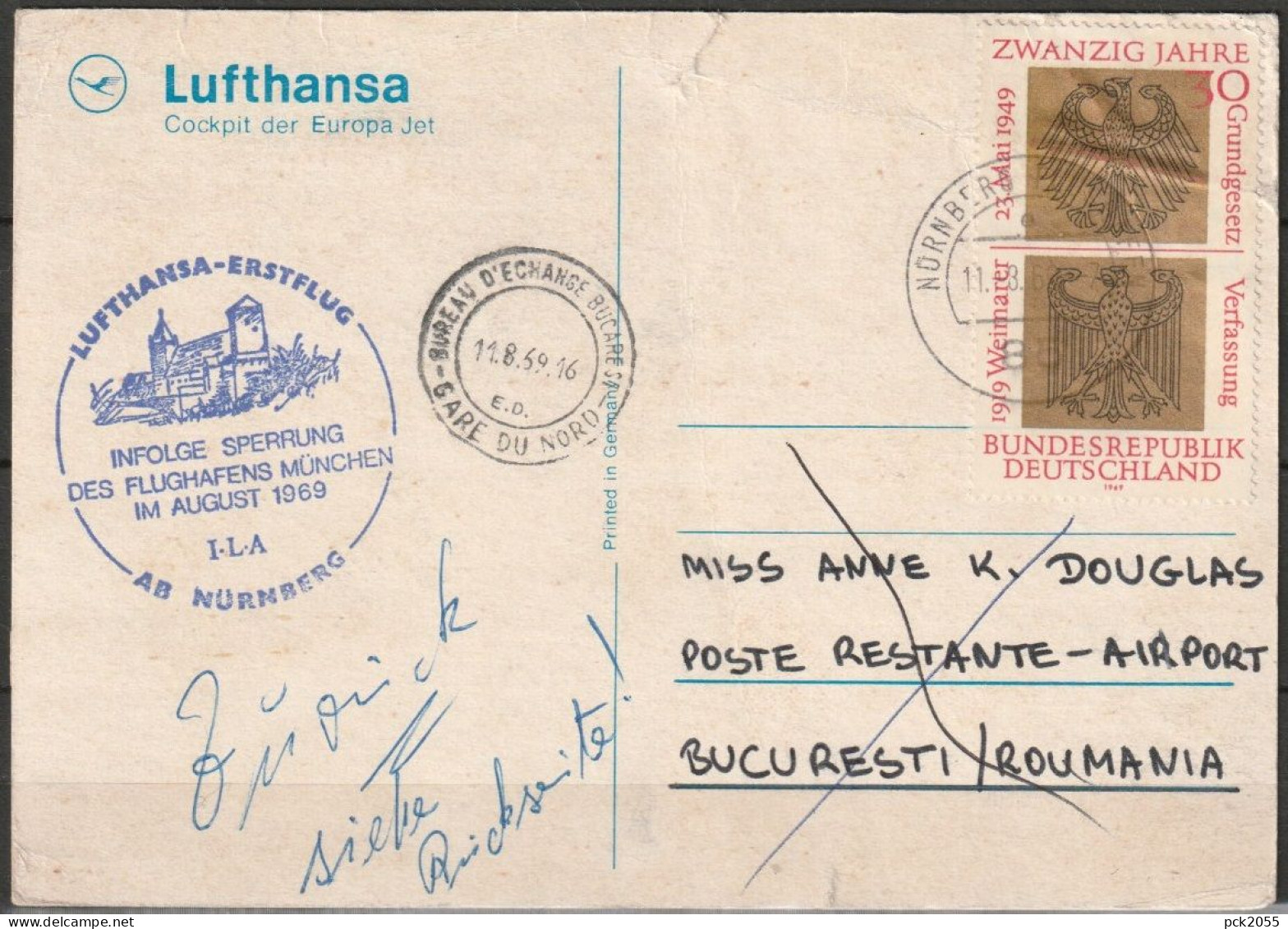 BRD Flugpost / Erstflug LH 0408/409  Nürnberg - Bukarest 11.8.1969 Ankunftstempel 11.8.69 ( FP 203) - Premiers Vols