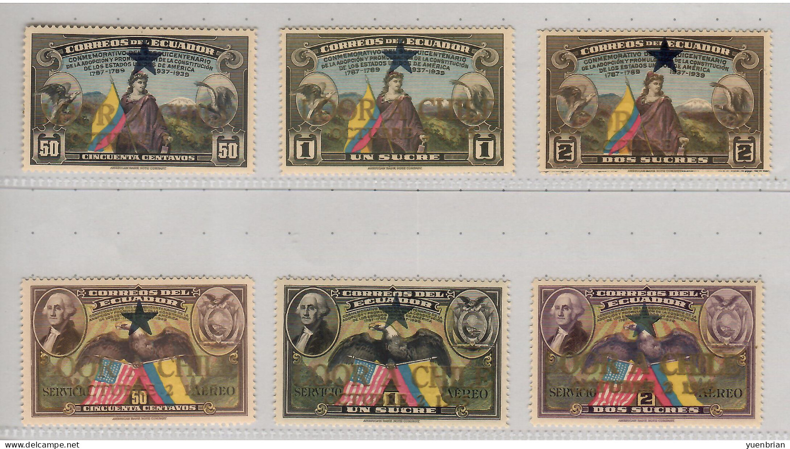 Ecuador 1945, Bird, Birds, American Bald Eagle, Overprinted "LOOR A CHILE OCTUBRE 2 1945 And Star Set Of 6v, MNH** Rare! - Aigles & Rapaces Diurnes