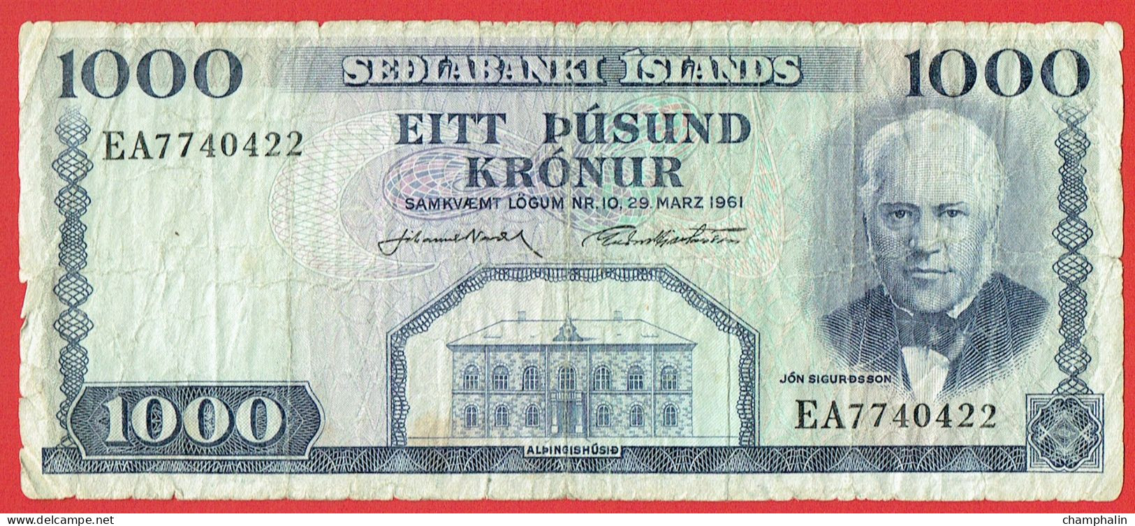 Islande - Billet De 1000 Kronur - Jon Sigurdsson - 29 Mars 1961 - P46a - Islandia