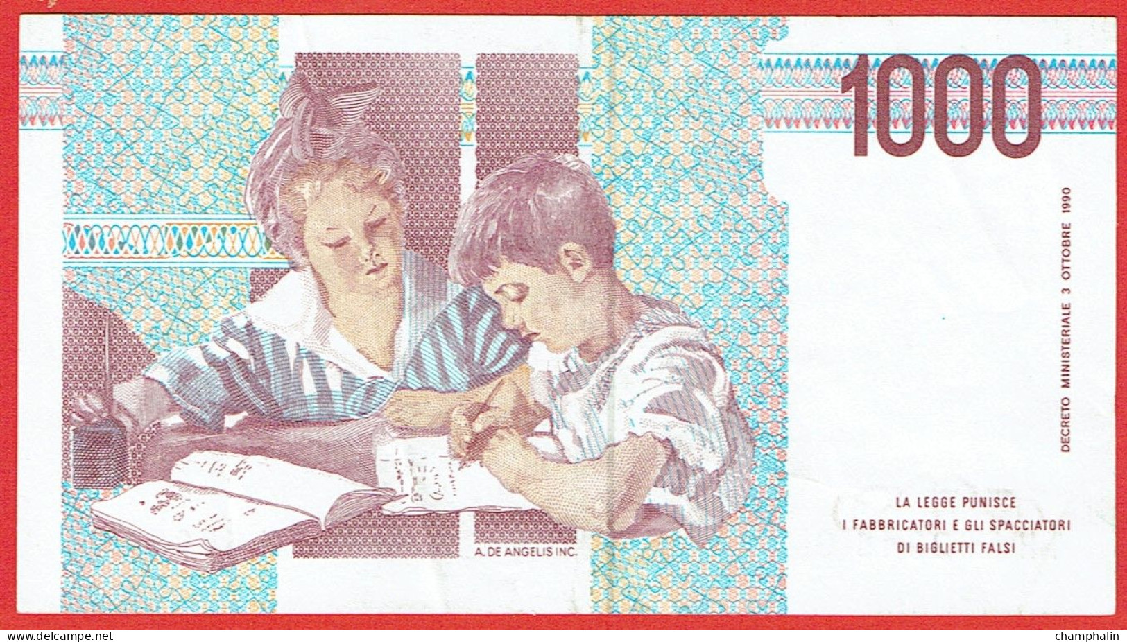 Italie - Billet De 1000 Lire - 3 Octobre 1990 - Maria Montessori - P114c - 1000 Lire