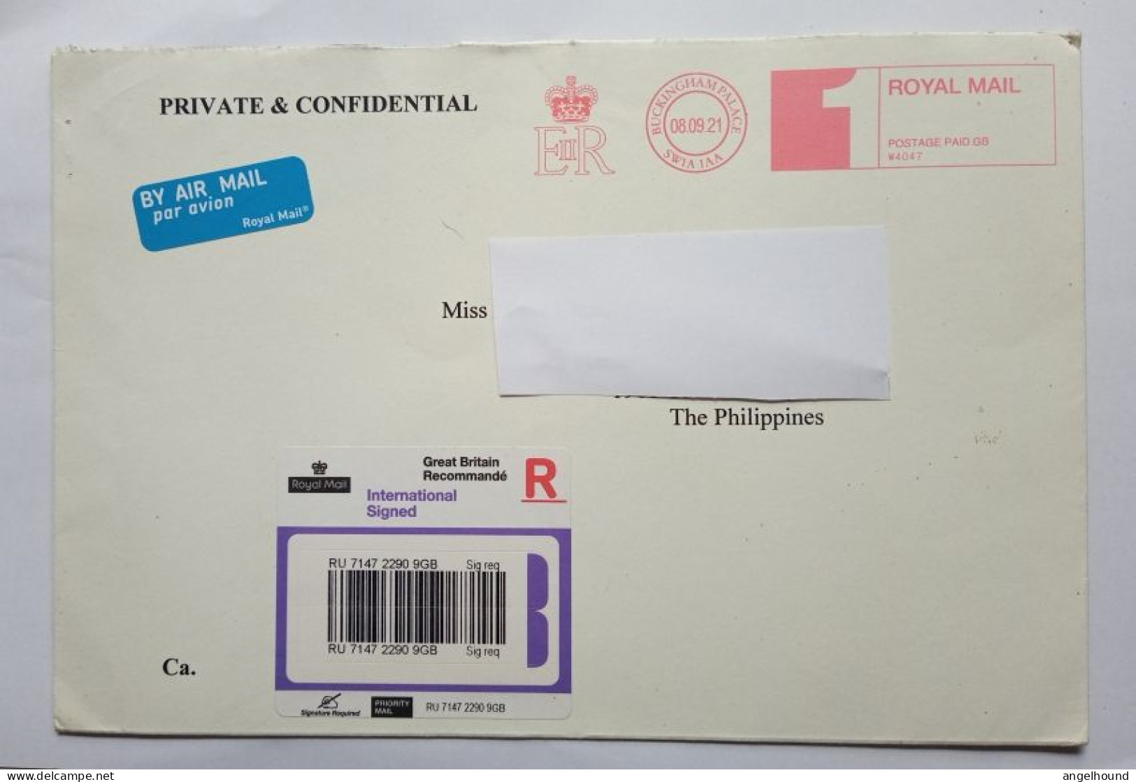 Registered Cover From Duchess Camilla UK To Philippines - Maschinenstempel (EMA)