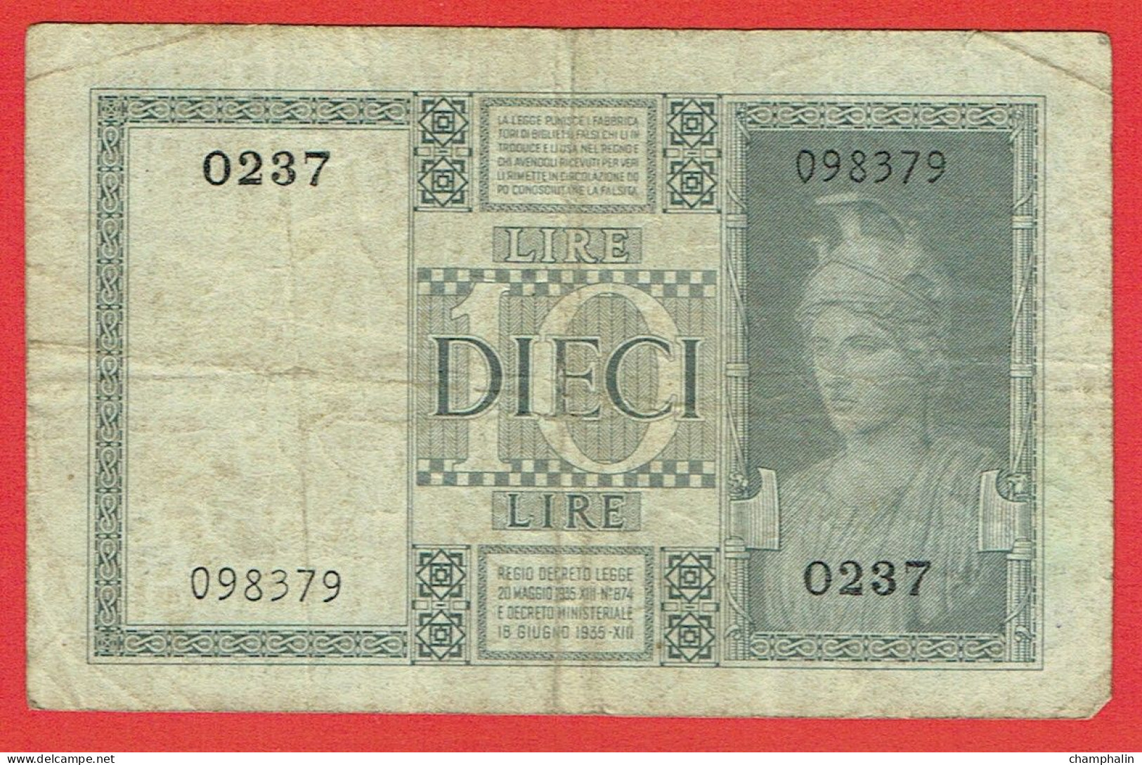 Italie - Billet De 10 Lire - Vittorio-Emmanuele III - 18 Juin 1935 - P25a - Italia – 10 Lire