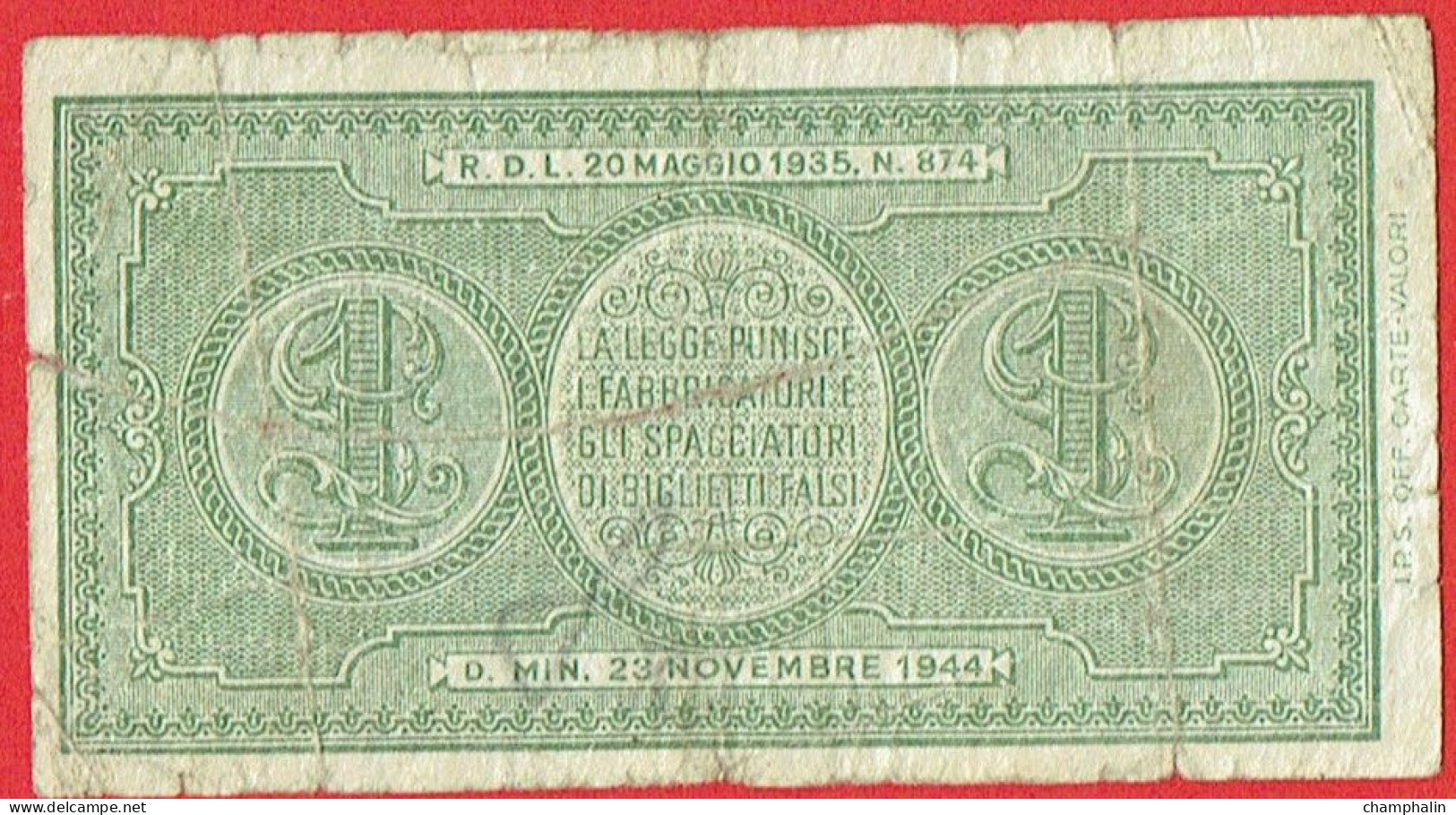 Italie - Billet De 1 Lira - 23 Novembre 1944 - P30b - Italia – 1 Lira